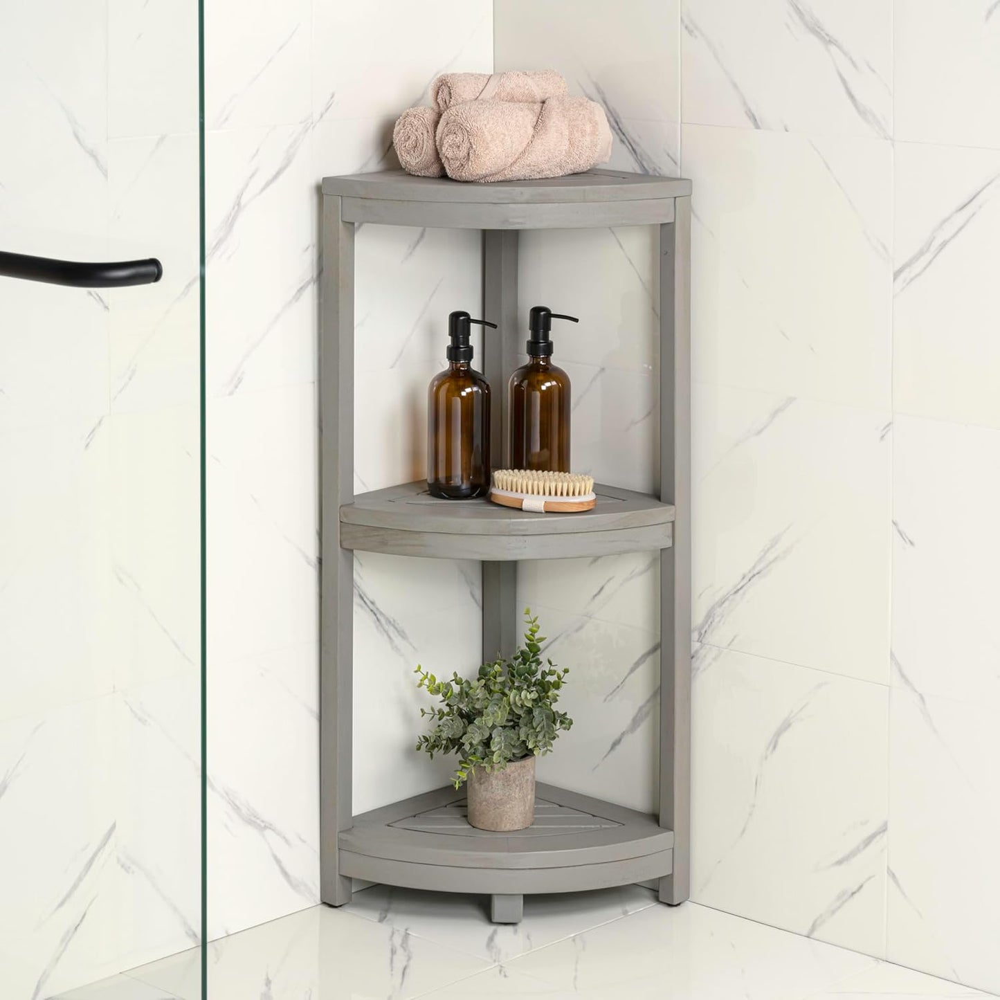 happimess SHF1000G Sela 33" Classic Minimalist 3-Tier Acacia Wood Freestanding Bathroom Corner Shelf, Shower Organizer, Storage Rack for Bath, Office, Kitchen Desktop, Gray