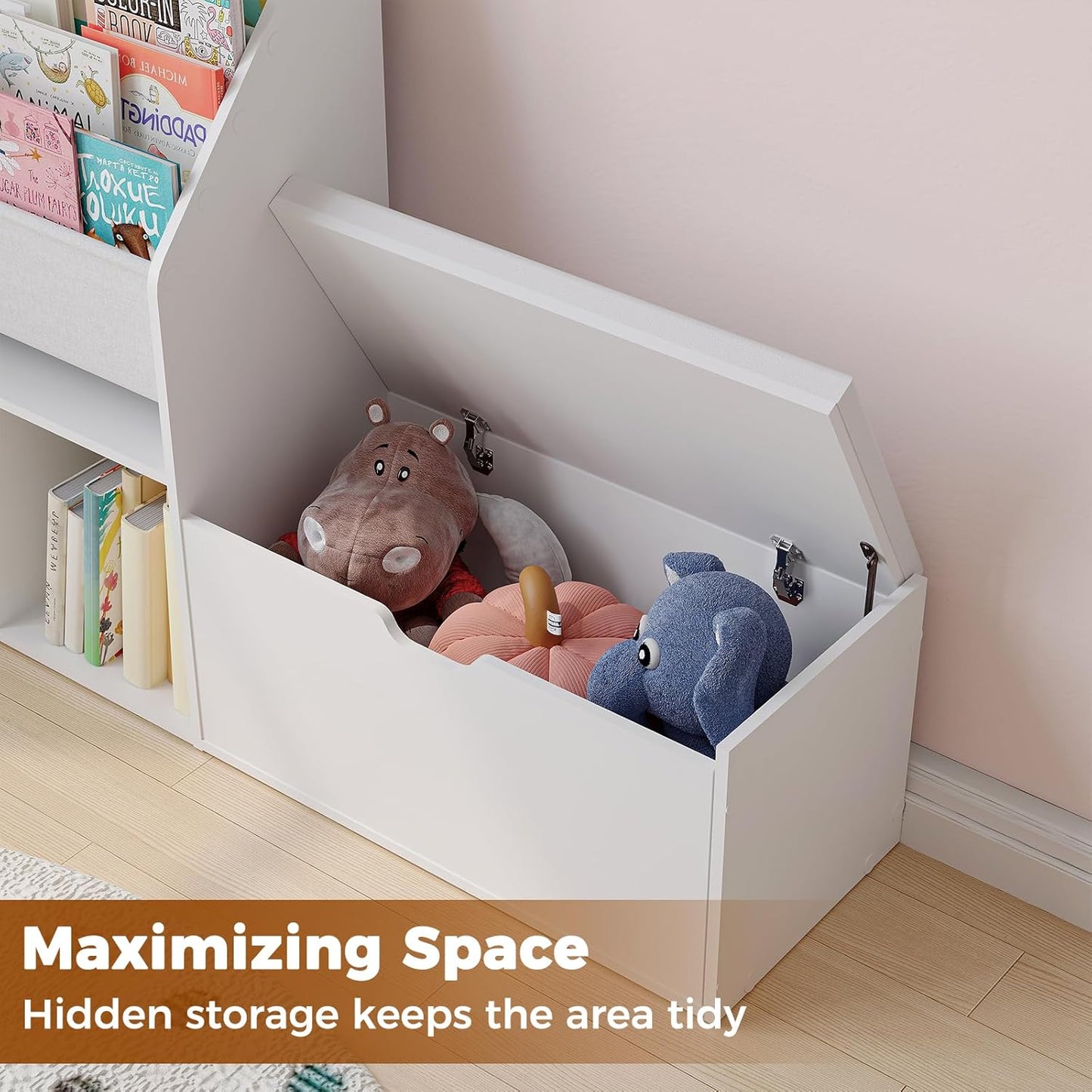 47.2’’ Kids Bookshelf with Reading Nook, Toy Storage Organizer with Seat Cushion, 5-Tier Sling Bookcase and Storage with Bench, for Playroom, Kids Room, Living Room, Nursery, White KBWT8501