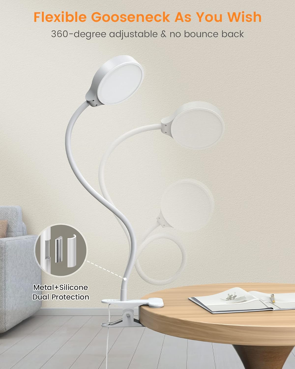 Glocusent 5W 36 LED Reading Clip on Light for Bed, Eye Caring Bed Lamp, 3 Colors & 5 Brightness Levels for Headboard with Adapter, Perfect for Reading, Working & Studying (White)