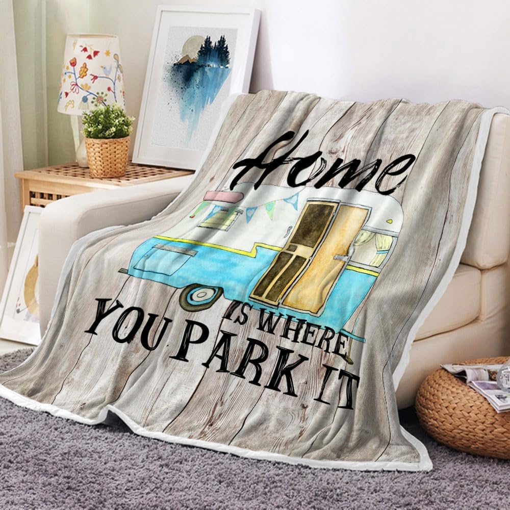 Soft Vintage Wooden Door Happy Camper Throw Blanket,RV Throw Blanket All Season Warm Blankets Tufted Flannel Throws Blanket for Sofa Couch,Rustic Trailer Motorhome on The Wood Plank Blanket