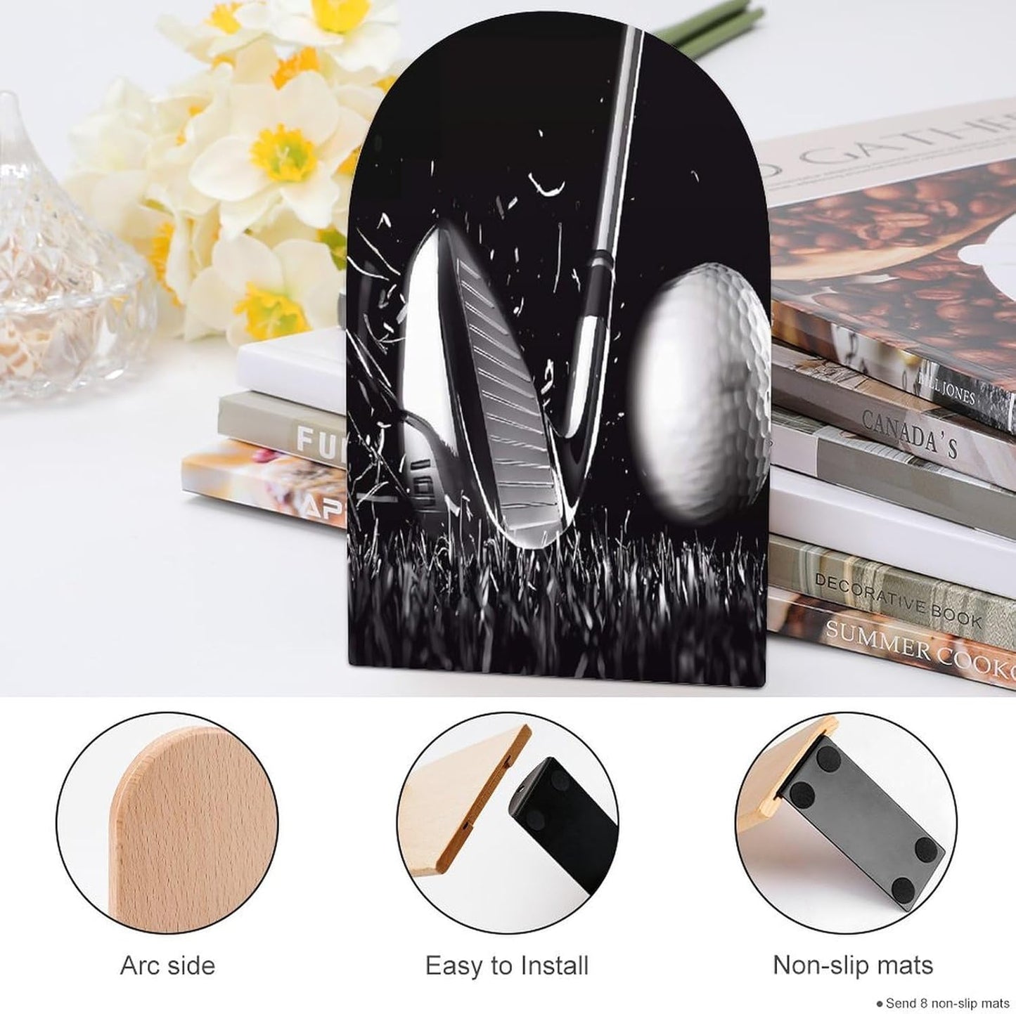 Black and White Golf Wooden Bookend Non-Slip Book Ends Heavy Duty Book Stopper with Metal Base Books Holderd Decorative Bookends Stands Firmly for Office Supplies