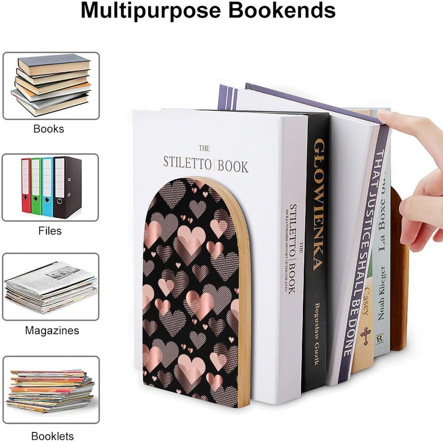 Rose Gold Love Heart Wooden Bookend Non-Slip Book Ends Heavy Duty Book Stopper with Metal Base Books Holderd Decorative Bookends Stands Firmly for Office Supplies