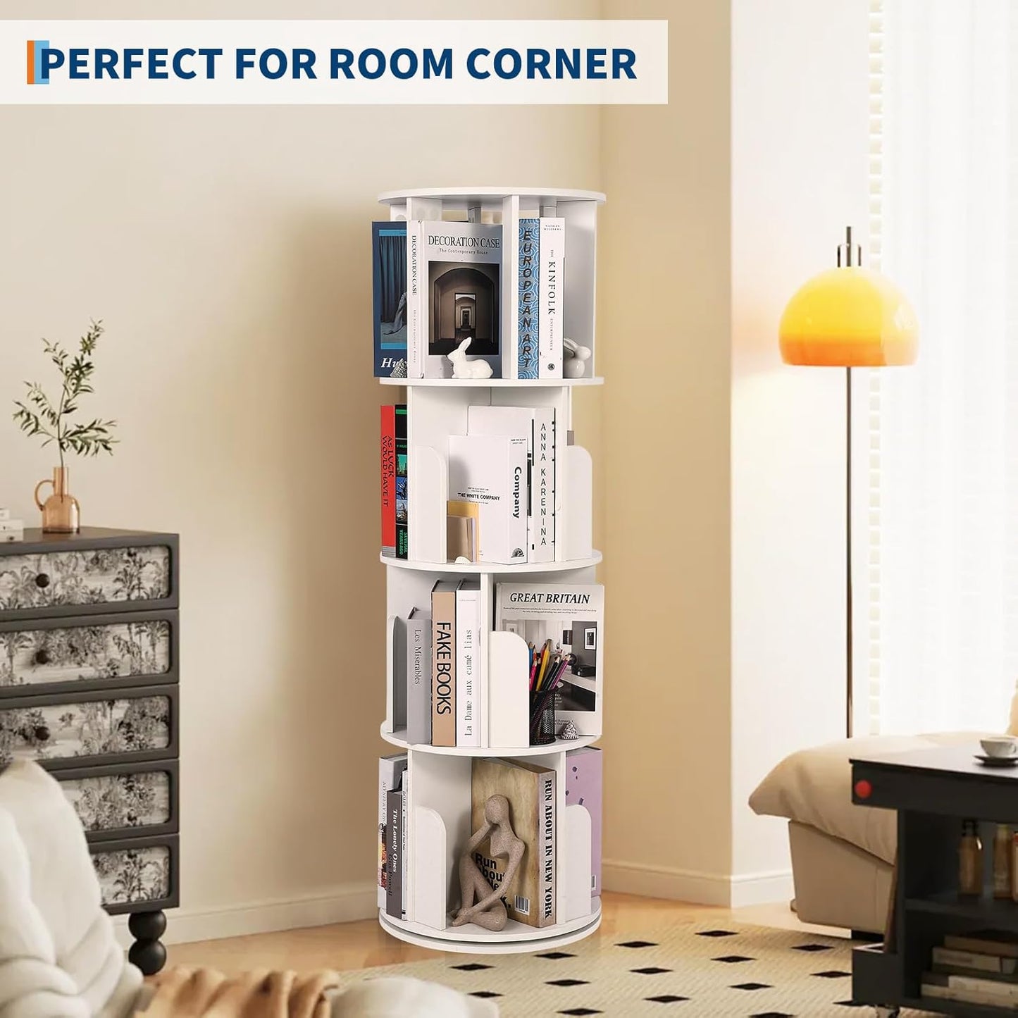 GarveeLife Wooden Rotating Bookshelf 4 Tier, 360° Floor-Standing Bookcase and Multi-Functional Storage Organizer for Living Room, Kids, and Adults White