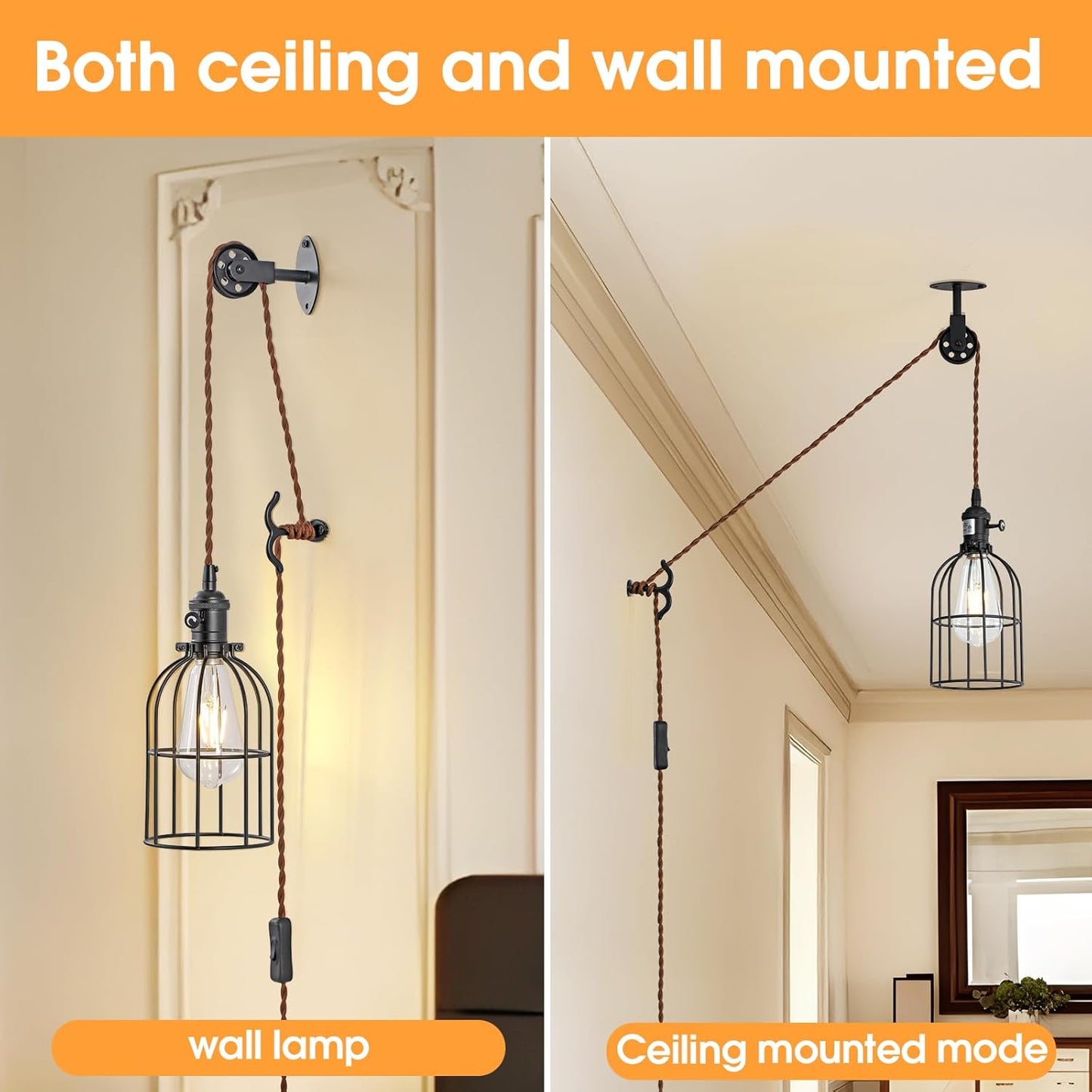 SEEBLEN Plug in Pendant Light Set of 2,Industrial Hanging Lamps that Plug into Wall Outlet,Farmhouse Pulley Pendant Light with Plug in Cord, Wall Lamps for Bedroom Living Room Kitchen.