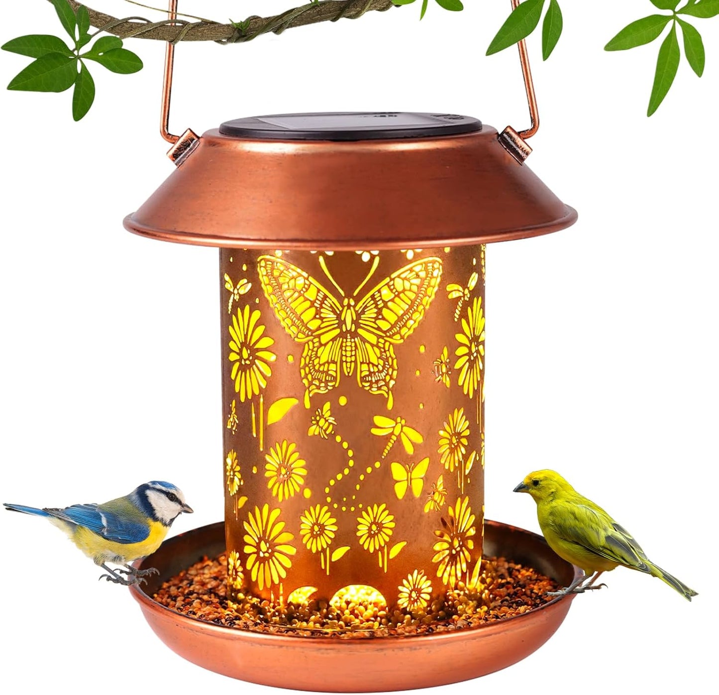 Solar Bird Feeders for Outdoors Metal Butterfly Lantern Hanging on a Tree Metal Wild Bird Feeder Decoration for Patio,Yard,Lawn,Pathway,Garden,Garden Decor Gifts for Bird Lovers Mom Friends