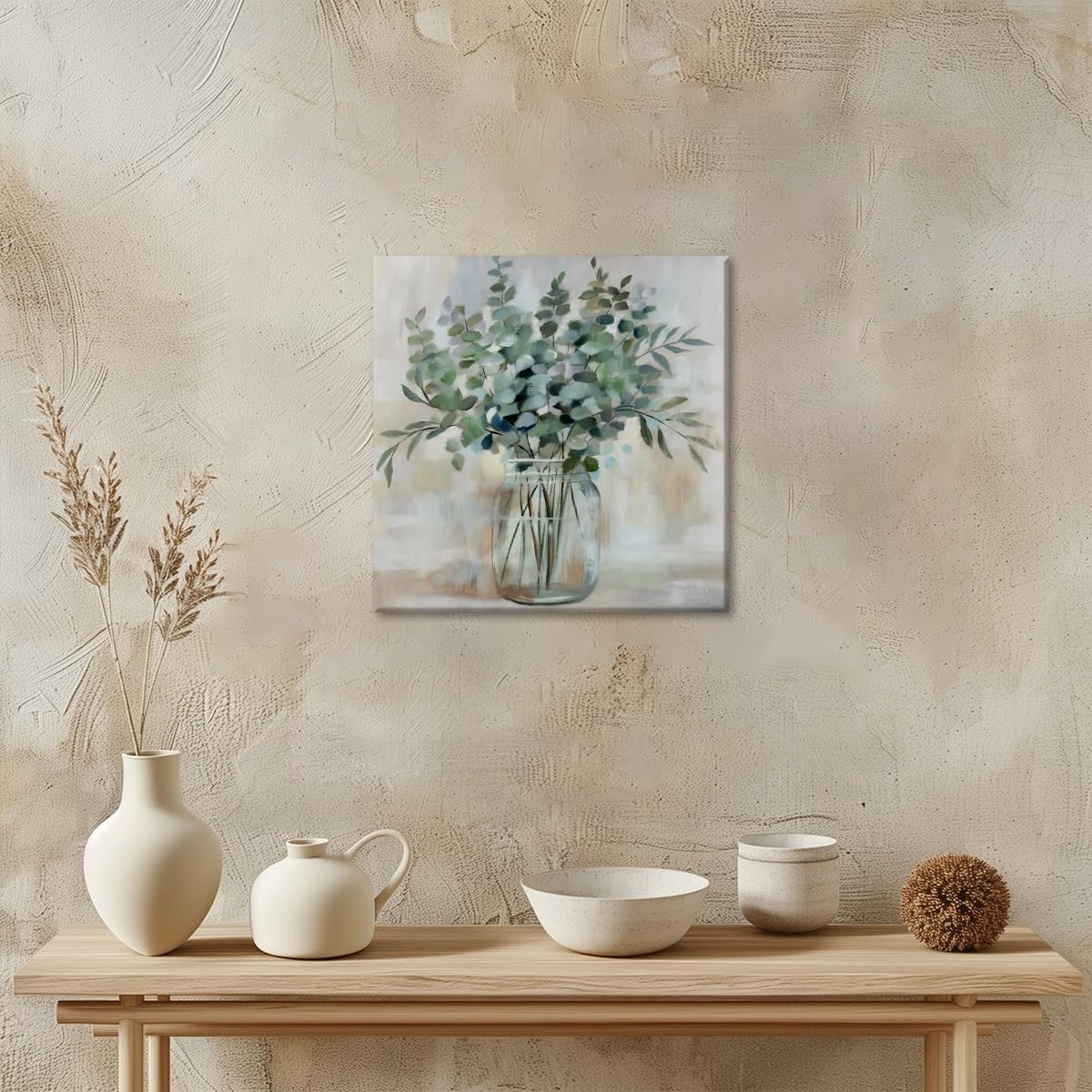Soothing Eucalyptus Flower Wall Art Herb Floral Arrangements Painting Canvas Print Abstract Neutral Plant Vase Botanical Poster Decor for Kitchen Bedroom Living Room Bathroom 12x12inch Unframed