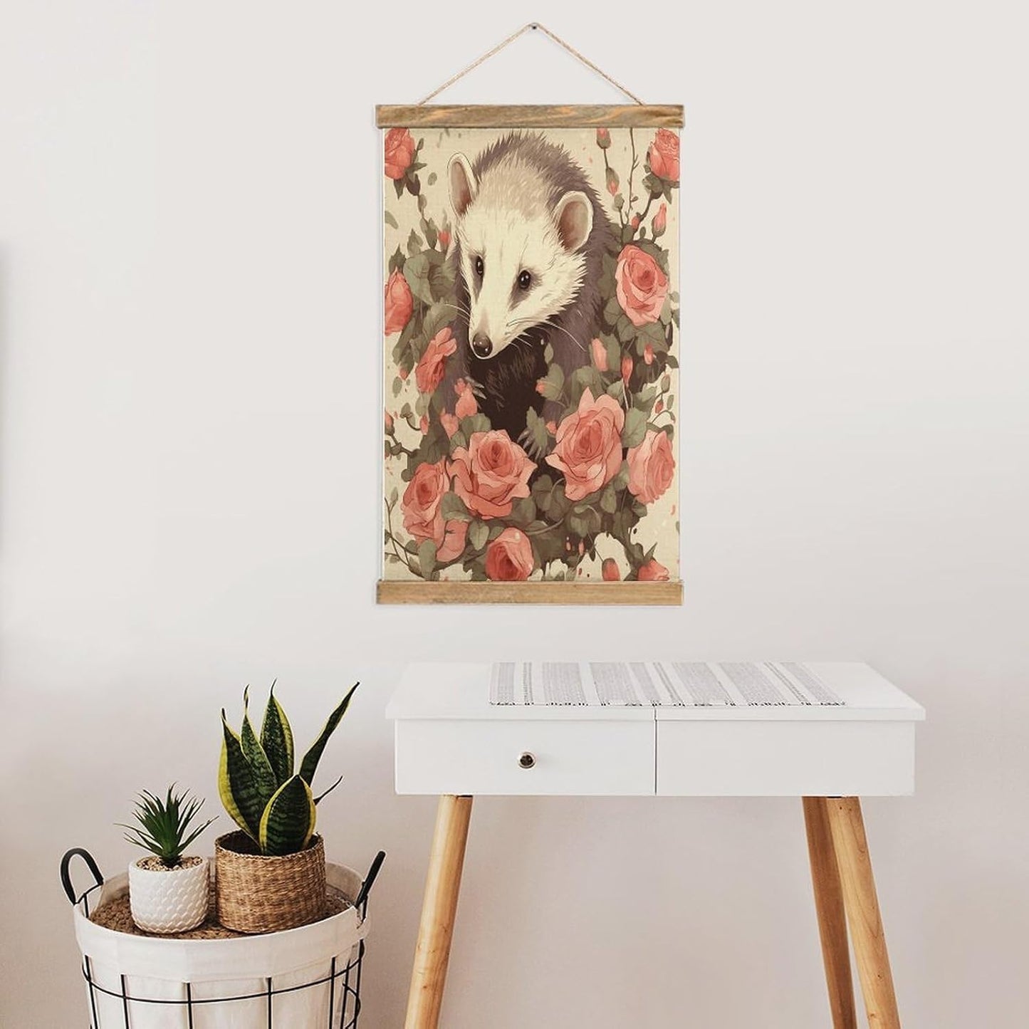 Vintage Opossum And Roses Poster with Wooden Frame Personalized Linen Hanging Scroll Painting Rustic Wall Hanging Illustrative Modern Artwork Decor for Home Living Room Bedroom Office