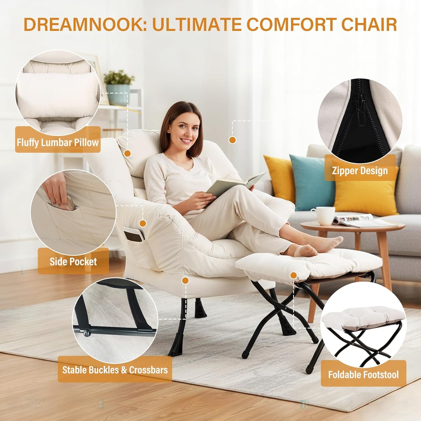 Lazy Chair with Ottoman, Modern Accent Chair with Lumbar Pillow, Velvet Beige Sofa, Armchairs with Folding Footrest, Oversized Supportive Chairs for Bedroom, Reading