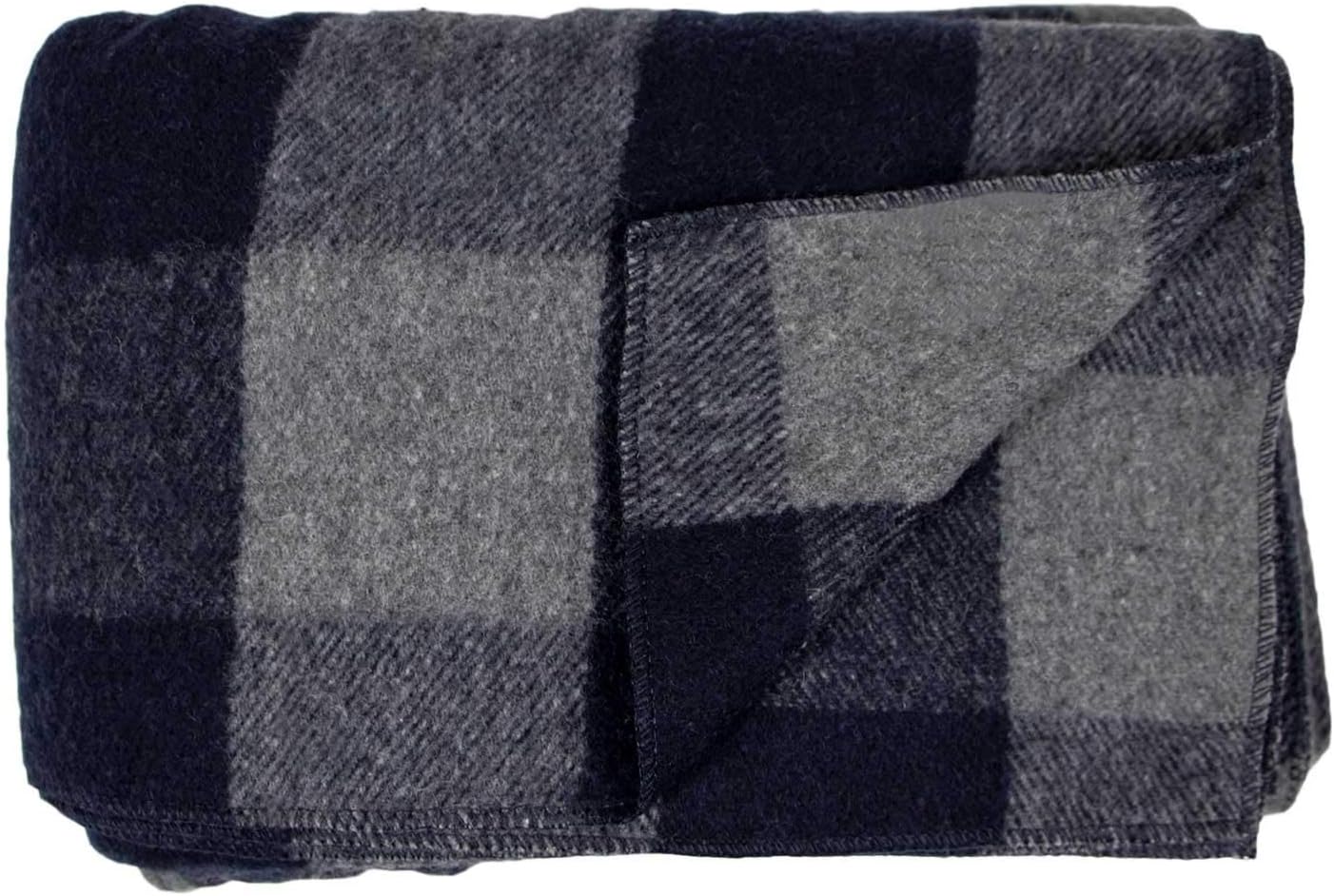 Lodge Twin Blanket - 80% Recycled Wool - Buffalo Plaid - Warm Throw Blanket - Thick - Washable - 65W x 90L - Gray and Blue Plaid