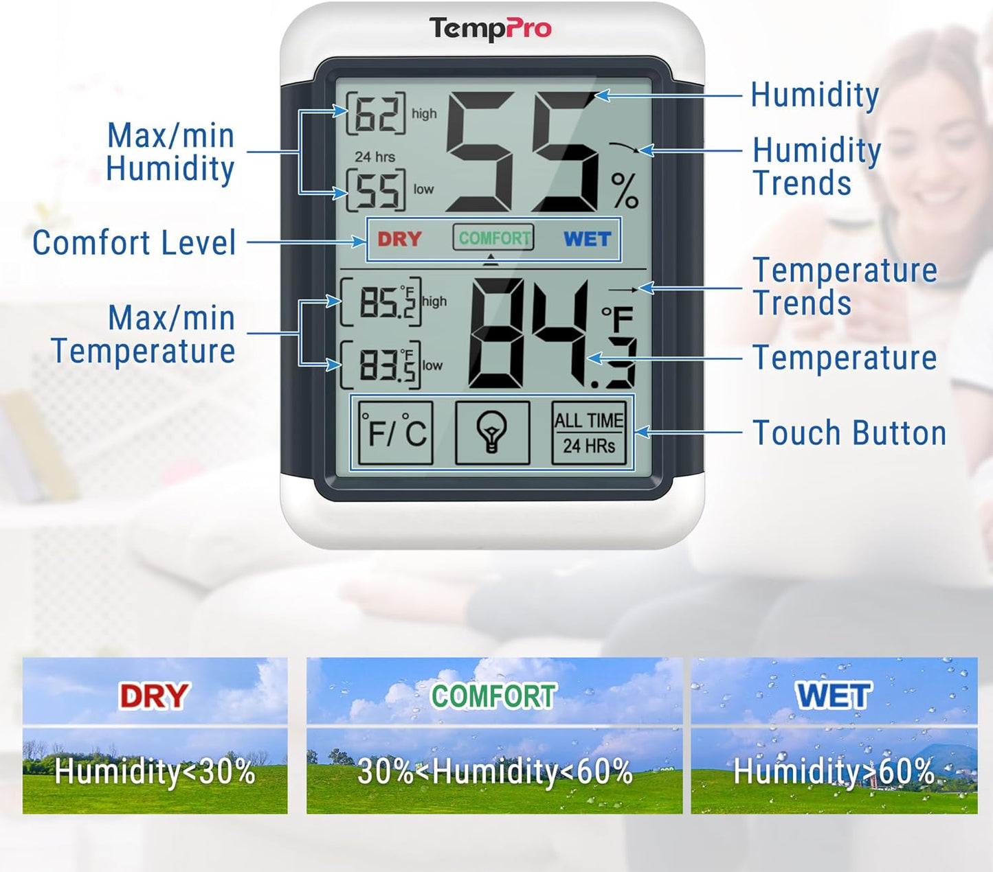 ThermoPro TP55 Digital Indoor Hygrometer Thermometer, 4-Inch Temperature / Humidity Monitor with Touchscreen and Backlit, Indoor Room Thermometer / Humidity Meter for House Home Greenhouse