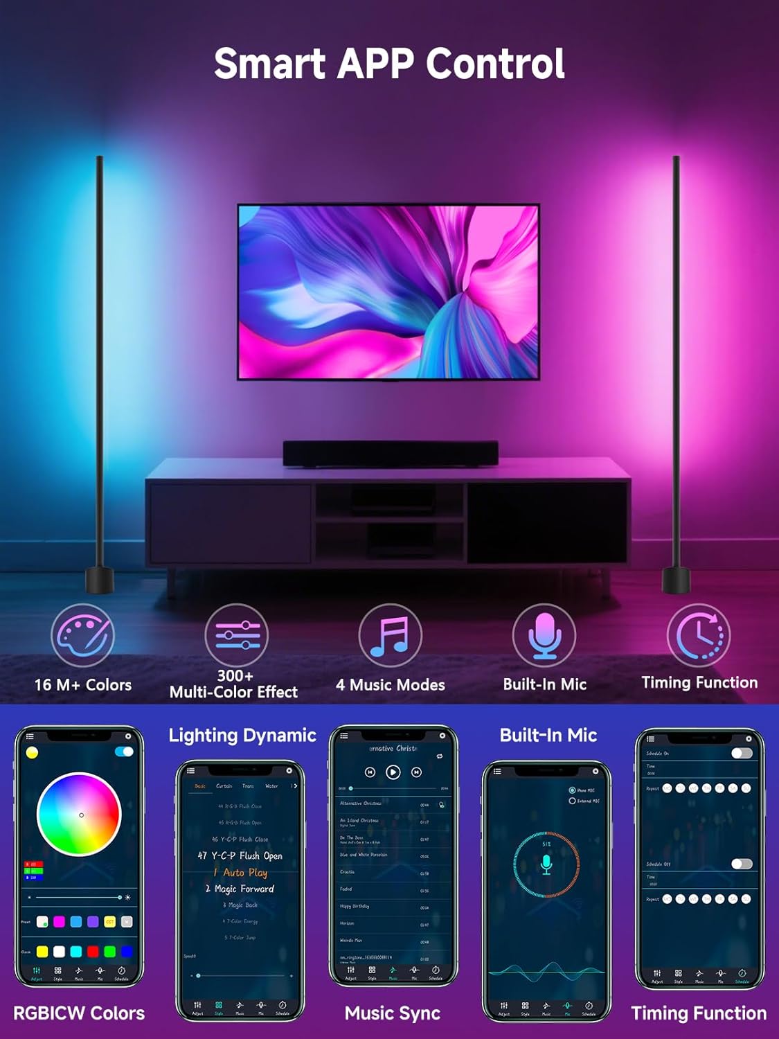 GIPOYENT Standing Floor Lamp, RGB LED Lamp with Music Sync, Smart App and Remote Control Ambience Light with Music Sync, LED Lamp with 16 Million Colors for Bedroom, Living Room Gaming Room