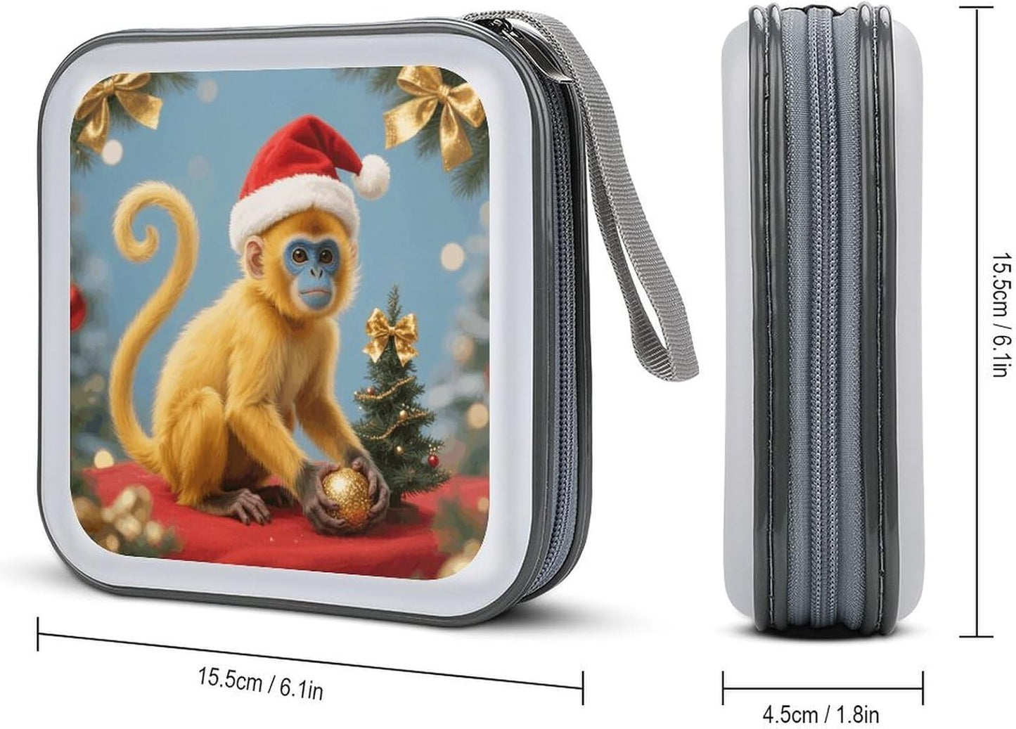 Christmas Monkey CD Case Portable Zipper CD Case 40 Capacity Hard Plastic DVD Cases Holder Large Storage Disc Wallet Bag for Car Home Travel DVD Collection Bag