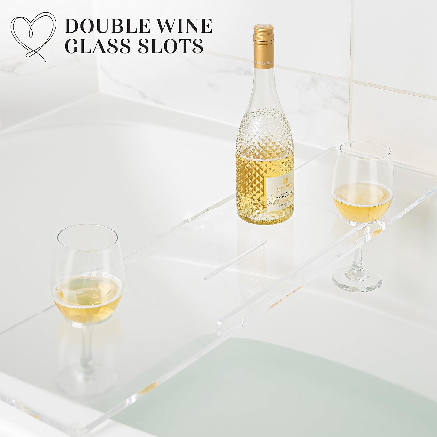 38" Supreme Plus- Luxury Bathtub Tray Caddy- 3/8" Thick, Clear Bath Tub Tray Table for 1 or 2 Bathers, Acrylic Bathtub Caddy, iPad and 2 Wine Glass Holders (Supreme Plus, 38")