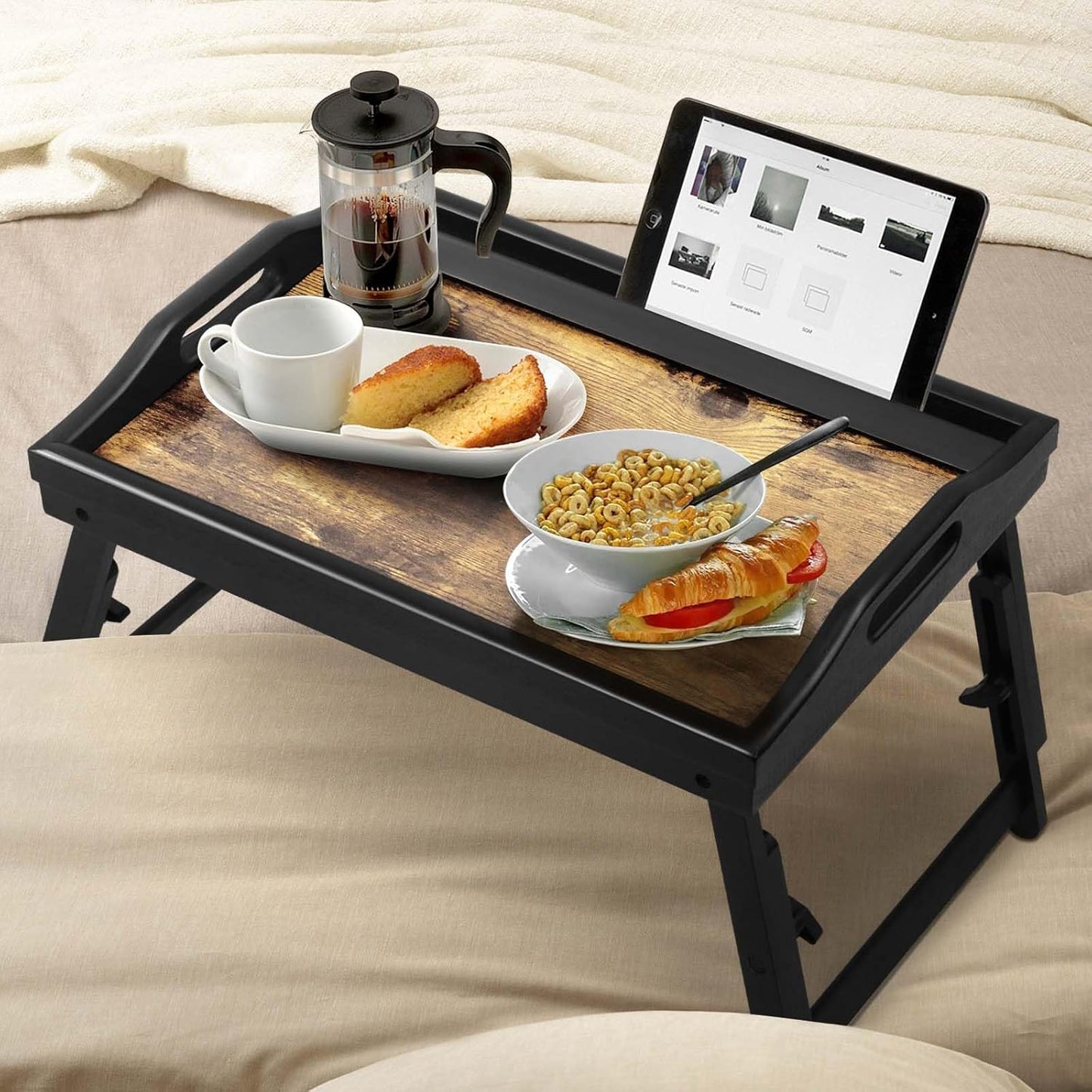Bed Tray Table Breakfast Trays Serving Tray Bamboo Bed Laptap Floding Legs with Handles and Phone Holders