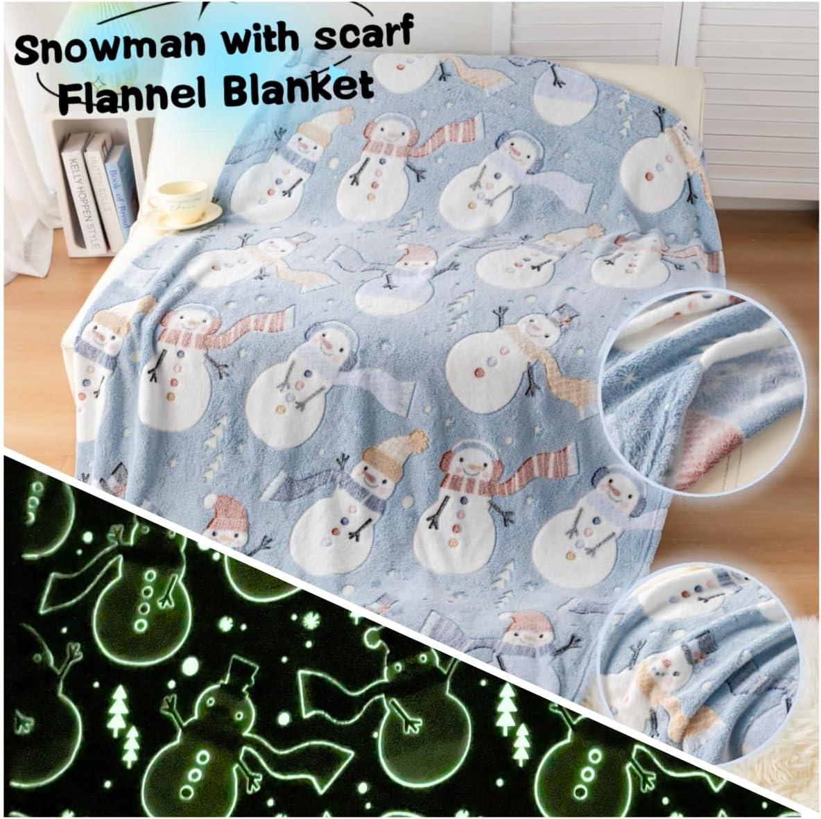 Christmas Blanket Snowman Blankets Gift, Glow in The Dark Blankets, Cozy Soft Fleece Blankets for Holiday Décor, Children Boys Girls Teens Holiday, 50"*60", Kids Blanket, Sky Blue