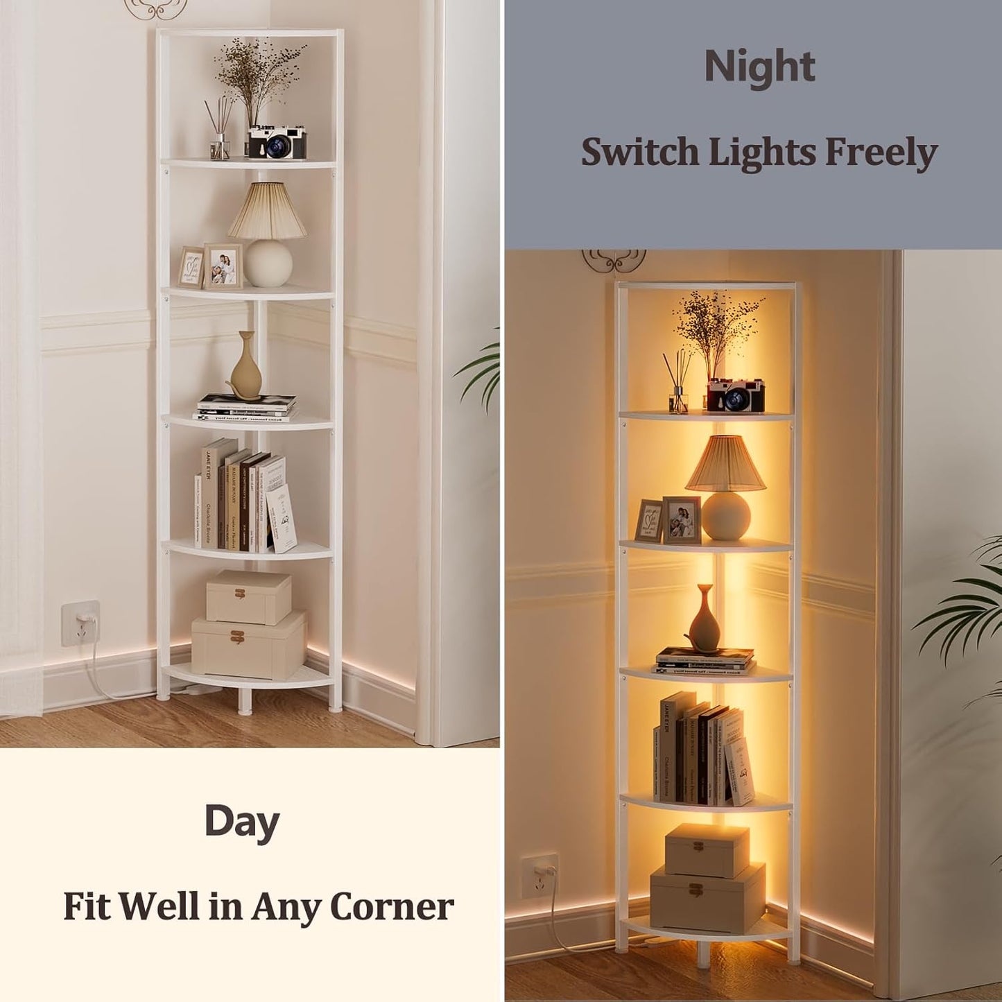 Furnulem 6 Tier Corner Shelf with LED Light, 67.5” Tall Standing Shelf Organizer, White Narrow Bookshelf with Storage Rack for Wall Corner, Living Room, Bedroom, Metal Frame, Wood Display Shelf