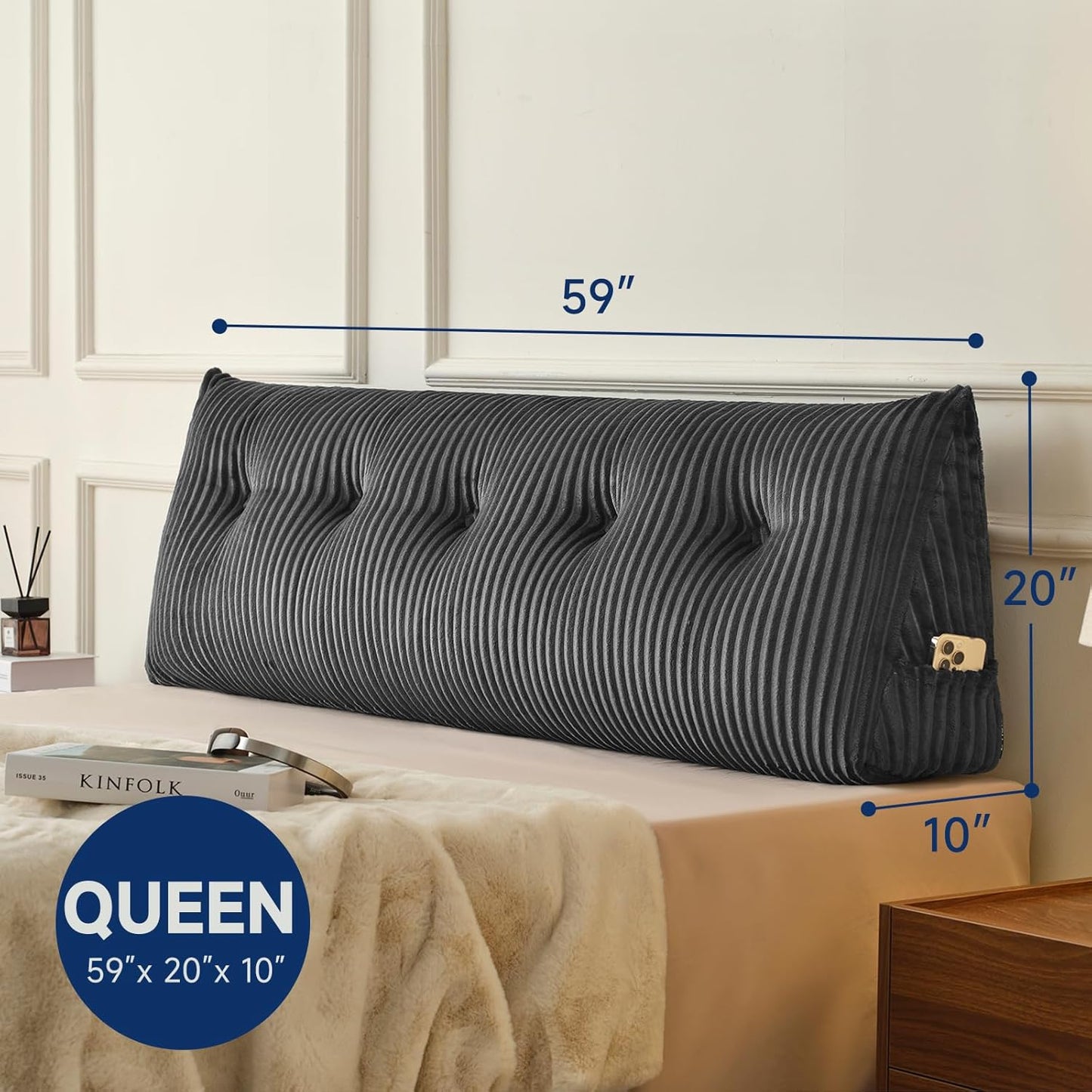 Z-hom Queen Headboard Pillow, Triangular Wedge Reading Pillow for Bed or Sofa, Ergonomic Backrest Cushion for Sitting Up, Reading or Relaxing, with Side Pocket，Removable Washable Cover,Grey