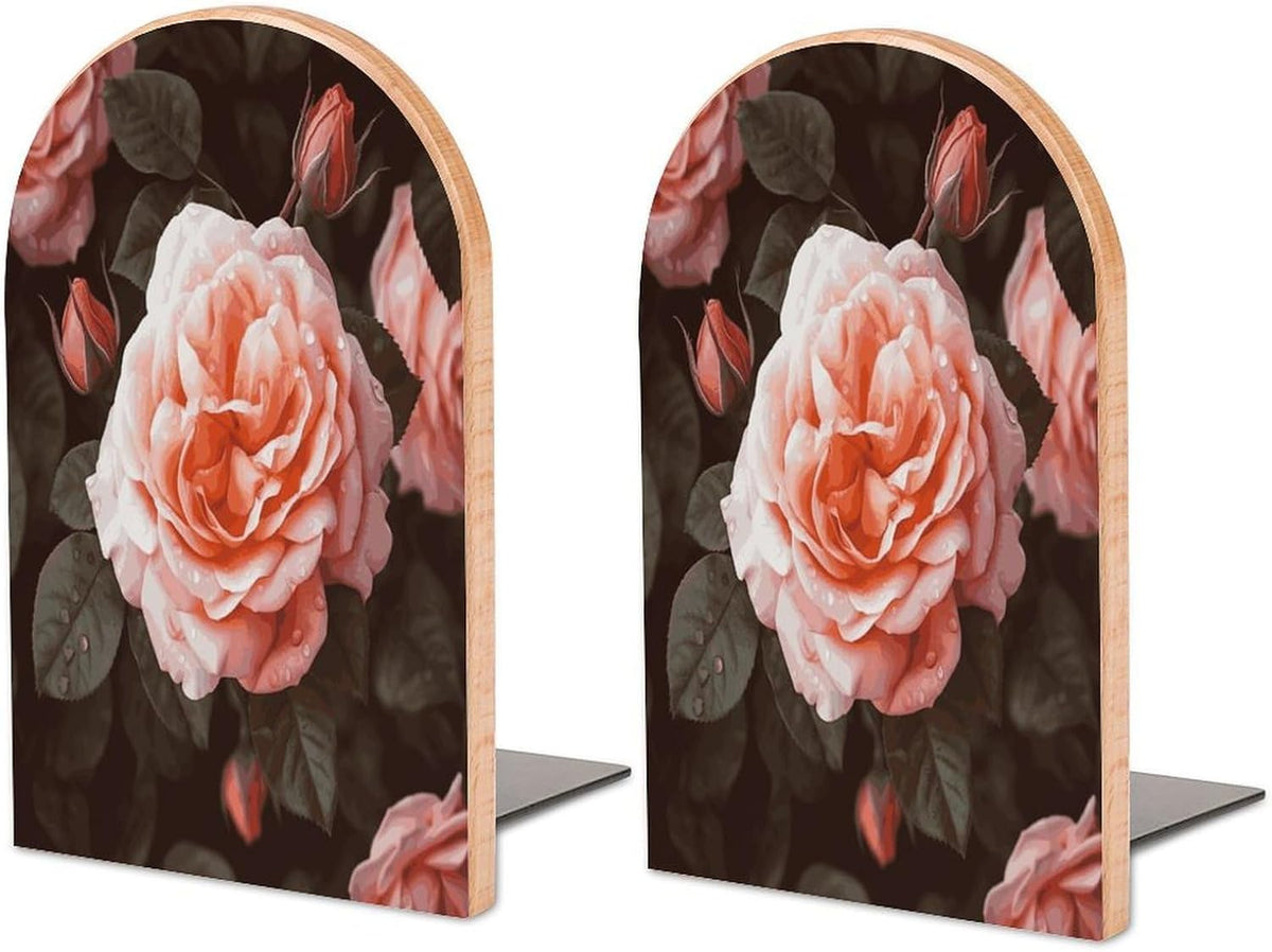 Rose Flower Wooden Bookend Non-Slip Book Ends Heavy Duty Book Stopper with Metal Base Books Holderd Decorative Bookends Stands Firmly for Office Supplies