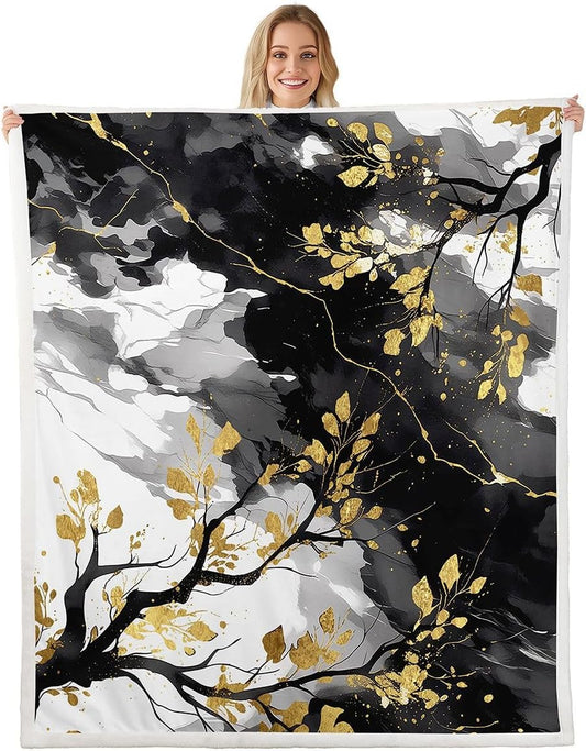 Feelyou Tree of Life Throw Blanket Black Gold Soft Fleece Sherpa Cozy Fuzzy Plush Warm Abstract Fuzzy Plush Throw Marble Twin 60"x80" for Bed Couch Living Room