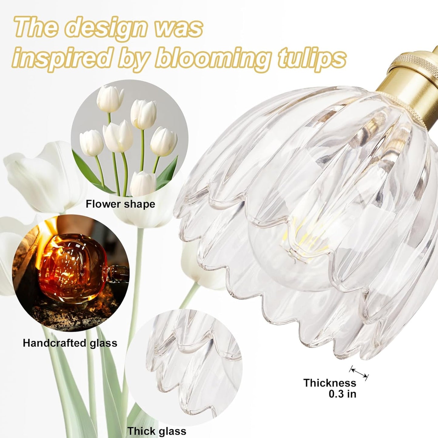 Hardwired Wall Sconces Set of Two, Vintage Wall Lights with Clear Tulip Glass Lampshade, Gold Wall Lamps for Bedroom Bedside Stairway Bathroom Living Room (Bulbs Not Included, Not Battery Powered)