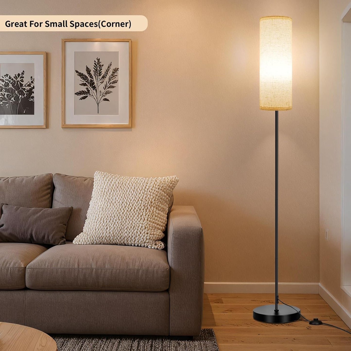 FRIDEKO HOME Floor Lamp with Beige Shade, Simple Design with Foot Pedal Switch, Small Tall Lamps for Living Room Bedroom Office, Corner Floor Stand Light with Black Pole Lamp (No Bulb/No Remote)