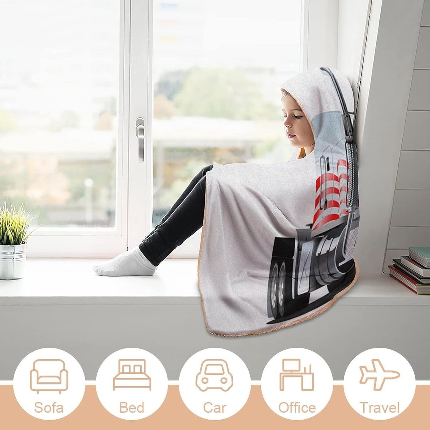 Throw Blankets, Truck Women Men Hooded Blanket, American Flag Themed Semi 18 Wheeler Transportation, Soft Warm Cozy, 60 x 80inches, Studying Reading Snuggling Napping Office, Red White Blue
