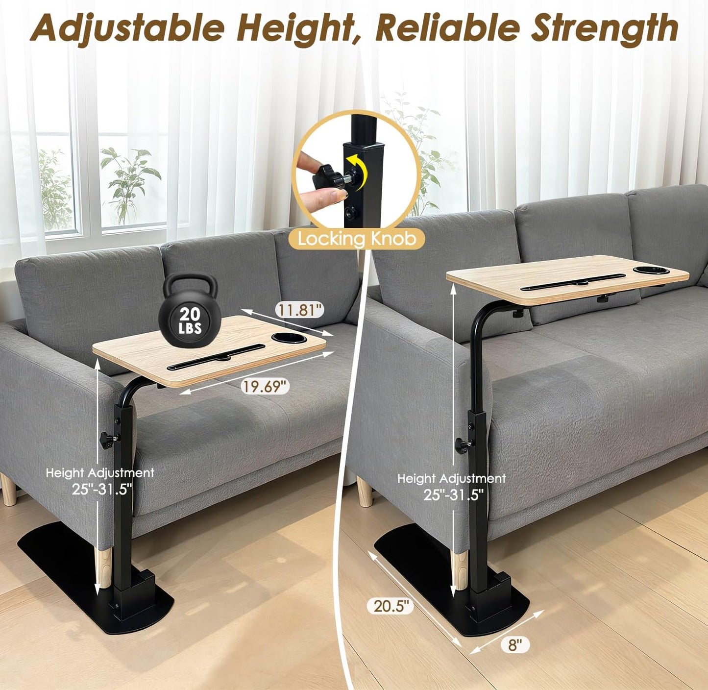 NEPPT Swivel Tray Table for Recliner, 360° Rotating TV Trays for Eating On Couch & Chairs, Adjustable Height Laptop Desk, Independent Living Aid Side Table for Seniors & Elderly with Limited Mobility