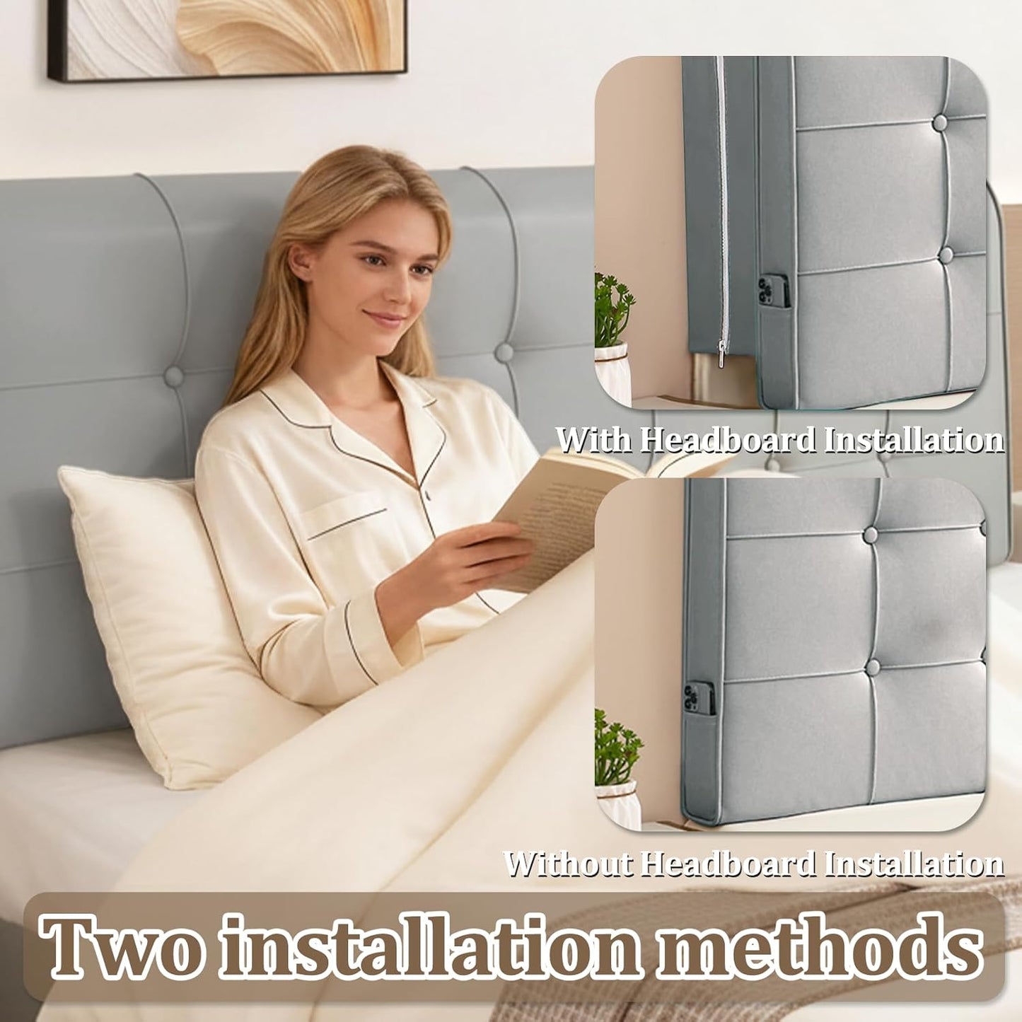 Twin Size Upholstered Headboard - High-Density Foam Gray Cushion, Peel and Stick Floating, Storage Pockets & Non-Slip Straps for Dorm, Rentals & Bedroom Decor