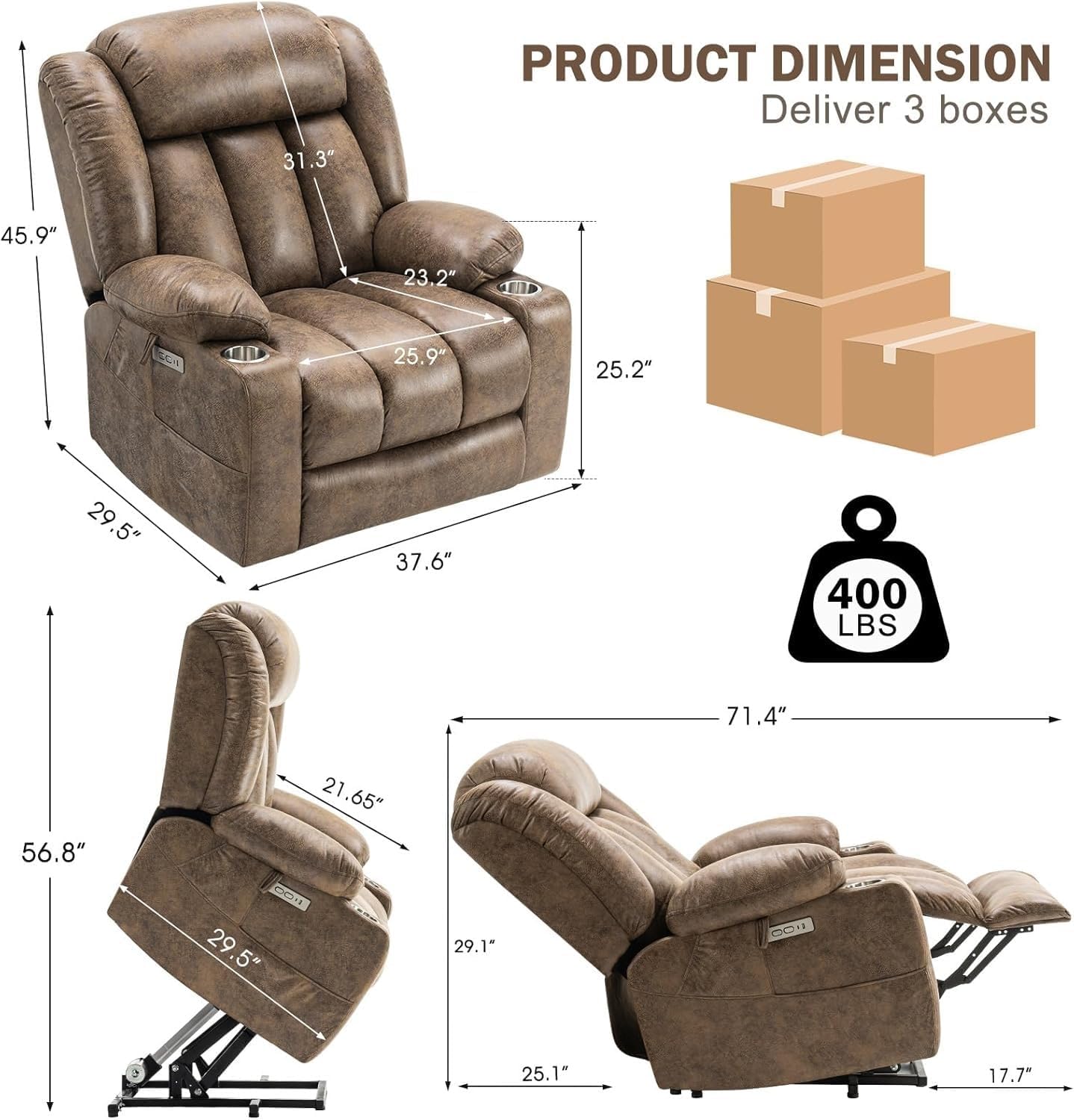 Oversized Electric Power Lift Recliner Chair with Massage & Heat, Breathable Leather Upholstery, Cup Holder & USB Port, Adjustable Electric Recliner for Living Room