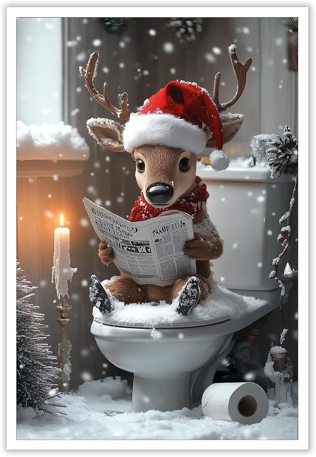 Vintage Merry Christmas Cute Animal Reading Newspaper On Toilet Posters Winter Aesthetics Canvas Wall Art Botanical Prints Painting For Home Bedroom Dorm Wall Decor 8X12in Unframed