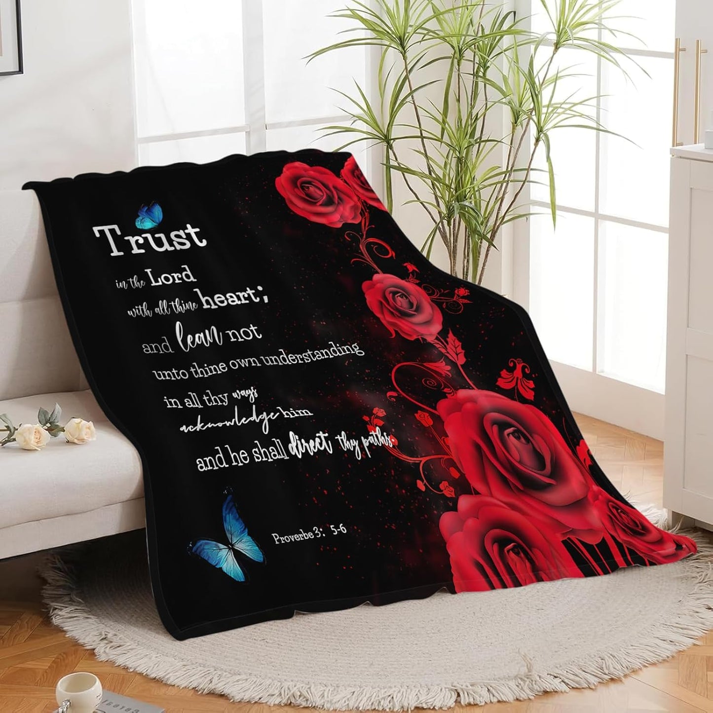 Christian Bible Verse Blanket Red Rose Inspirational Scripture Throw Blanket Religious Spiritual Gifts for Girls Boys Kids Adults Women Men Soft Cozy Plush Fuzzy Fleece Blanket Decor 40''X50''