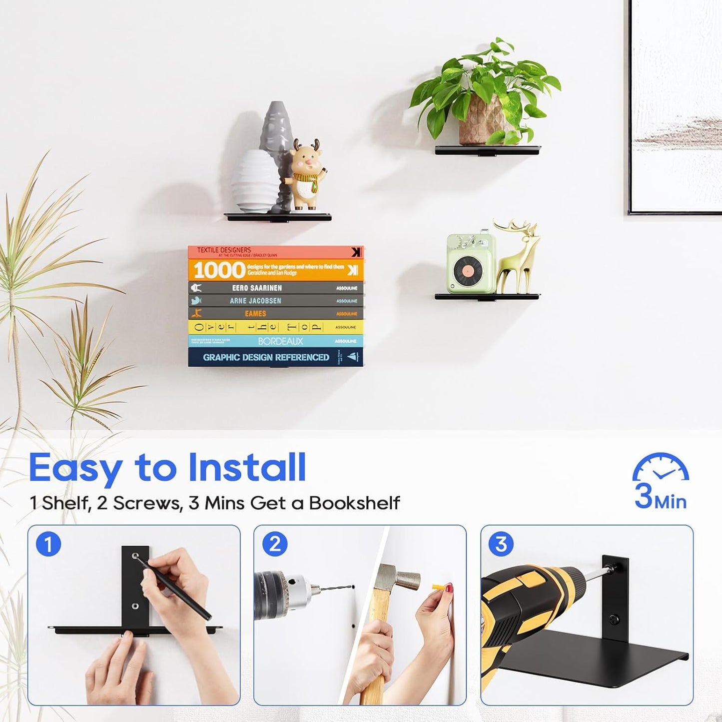 Invisible Bookshelf, Floating Book Shelves for Wall, Heavy Duty Wall Mounted Bookshelf for Storage, Hidden Book Organizer, Vertical Spine Shelf for Home and Office, 4 Pack, Black