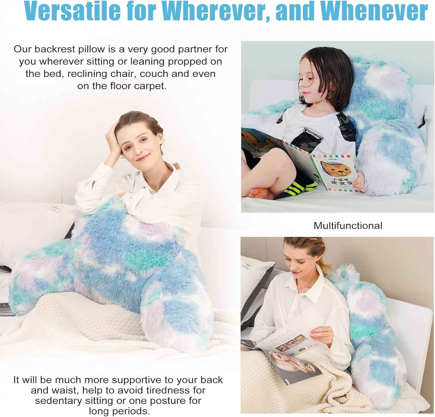 Stylish Ross Fur Adults & Kids Reading Pillow, Cozy Soft Bed Wedge Pillow with Premium Stuffing, Pastel Back Support Pillow Gift, Sit up Bolster Pillow with Arms, Bed Chair Back Cushion