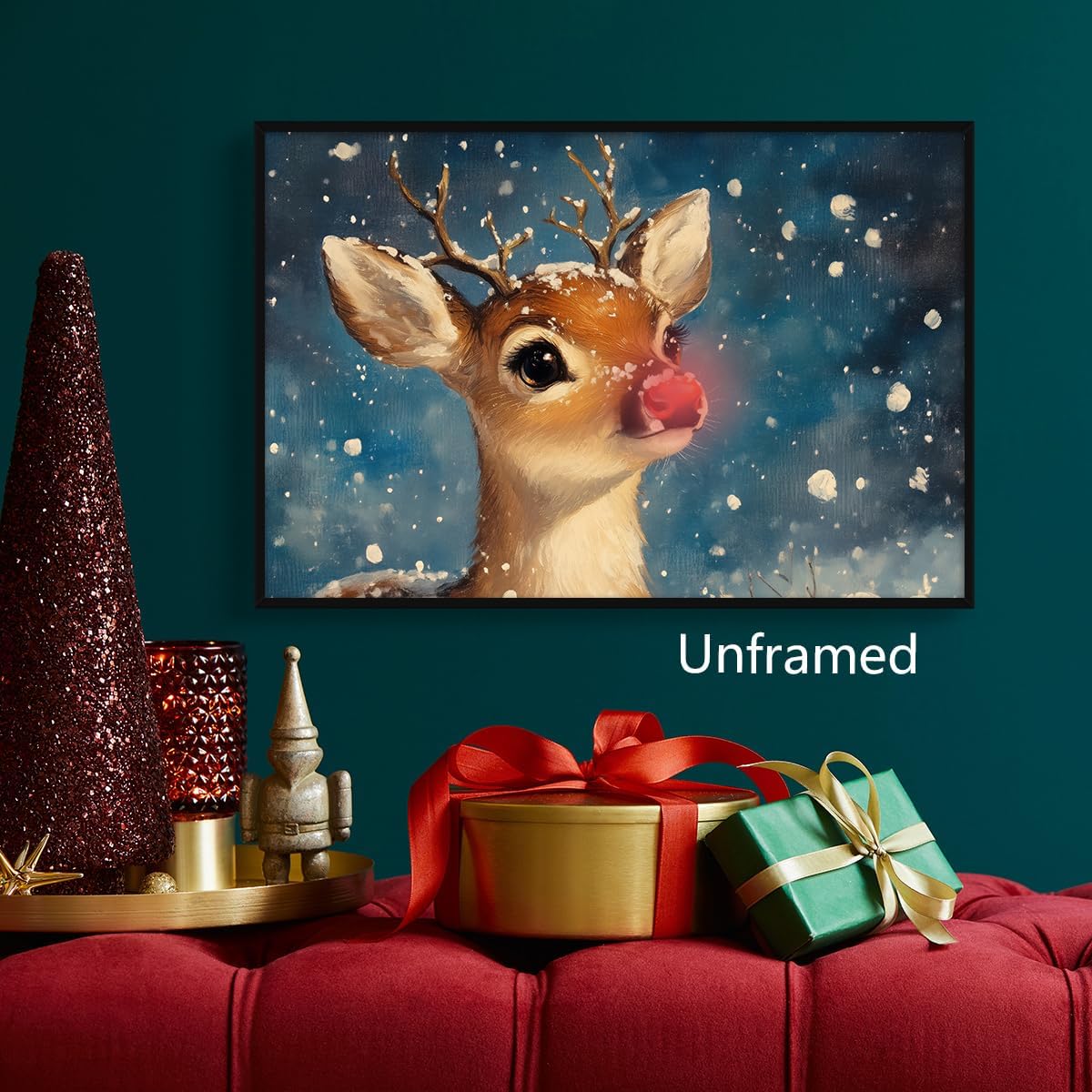 Rudolph Christmas Canvas Wall Art, Cute The Red Nose Reindeer Poster, Vintage Xmas Deer Painting Print, Farmhouse Winter Snowy Holiday Wall Decor for Bedroom Living Room 16x24in Unframed