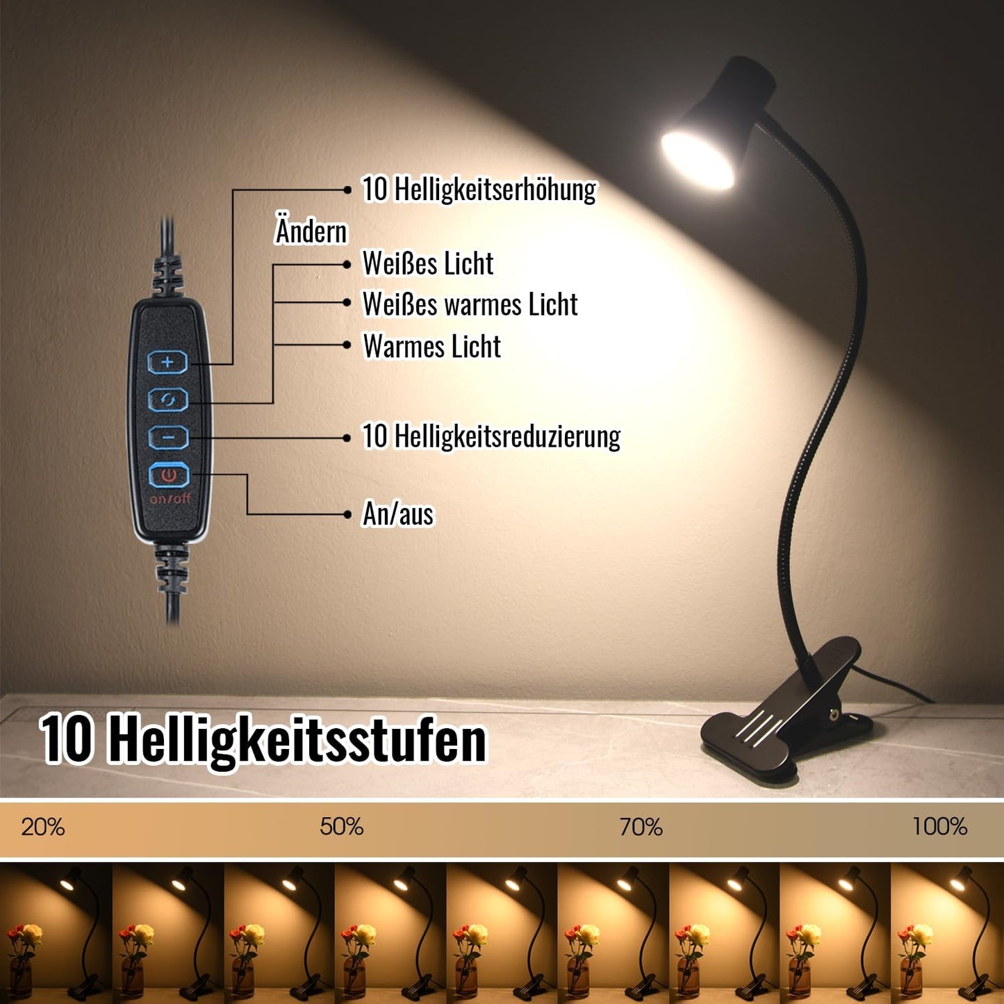 Clip Desk Lamp, USB Reading Light, Flexible Neck Led Clamp Light with 3 Color Temperature Options, 10 Dimmable Brightness Levels for Working, Studying (8W)
