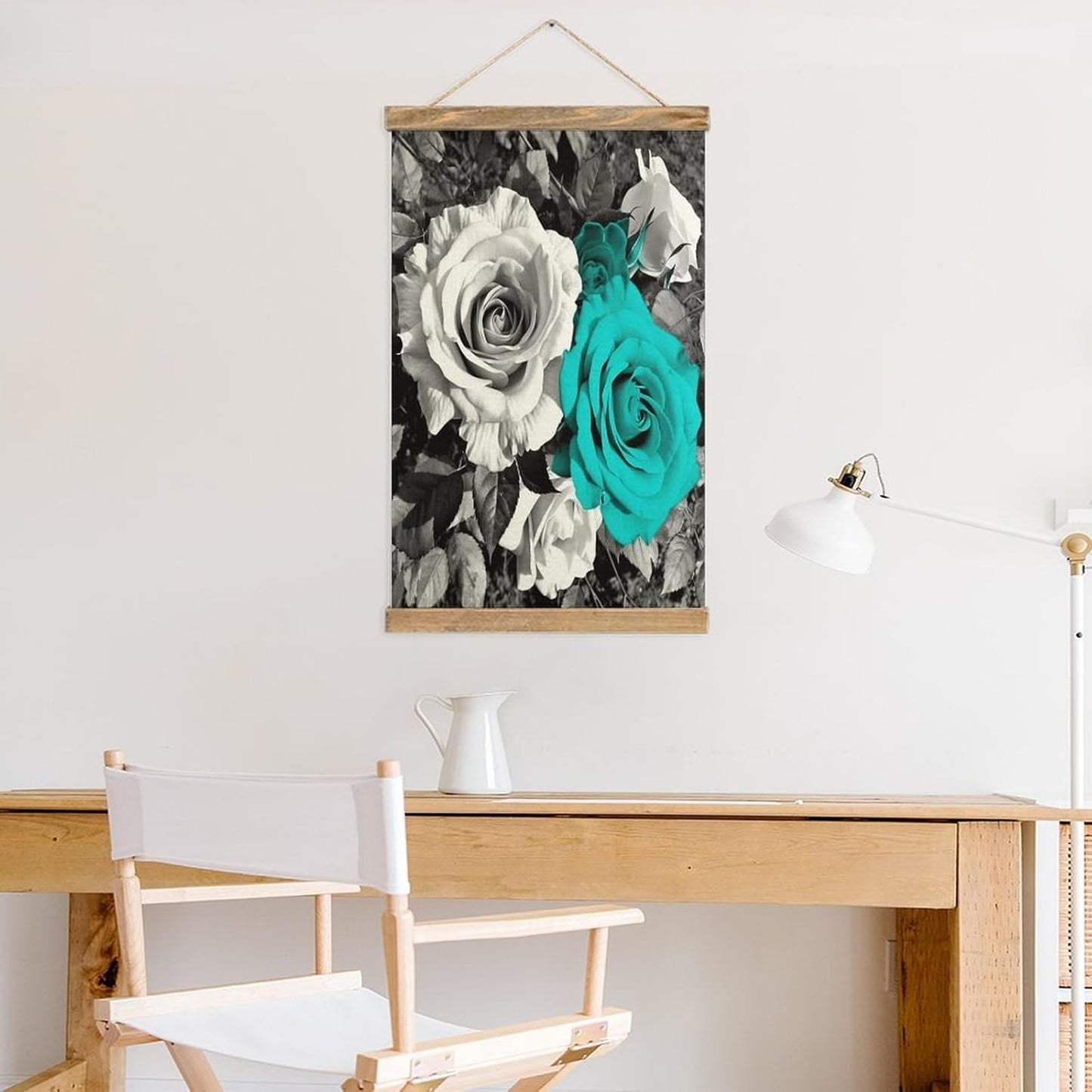 Vintage Black White Teal Gray Rose Flowers Poster with Wooden Frame Personalized Linen Hanging Scroll Painting Rustic Wall Hanging Illustrative Modern Artwork Decor for Home Living Room Bedroom Office