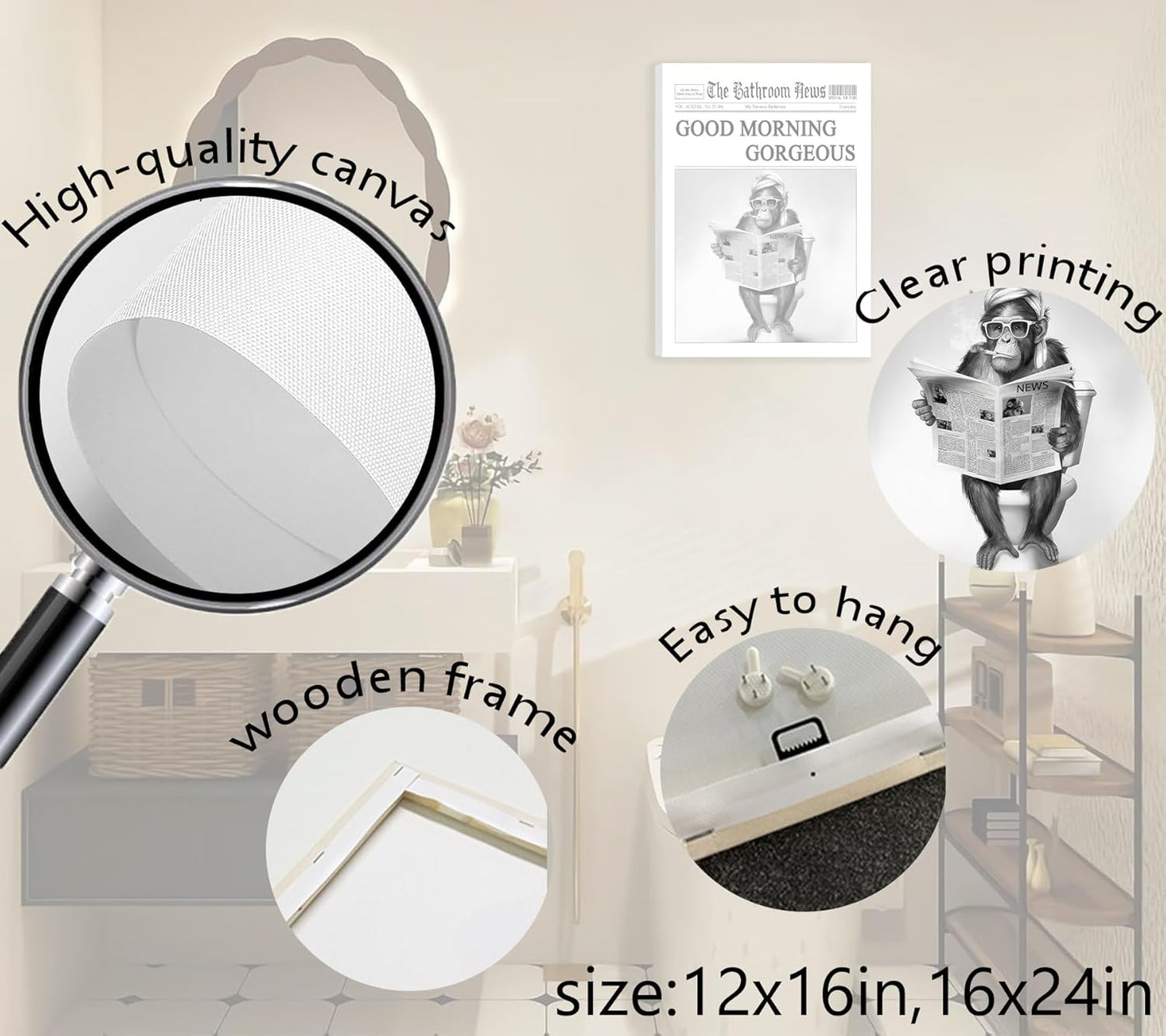 Funny Gorilla Bathroom Canvas Wall Art Black White Gorilla Reading Newspapers Painting Picture Wall Decor Humorous Bathroom Animals Poster Print Artwork for Toilet Home Decoration 12x16in