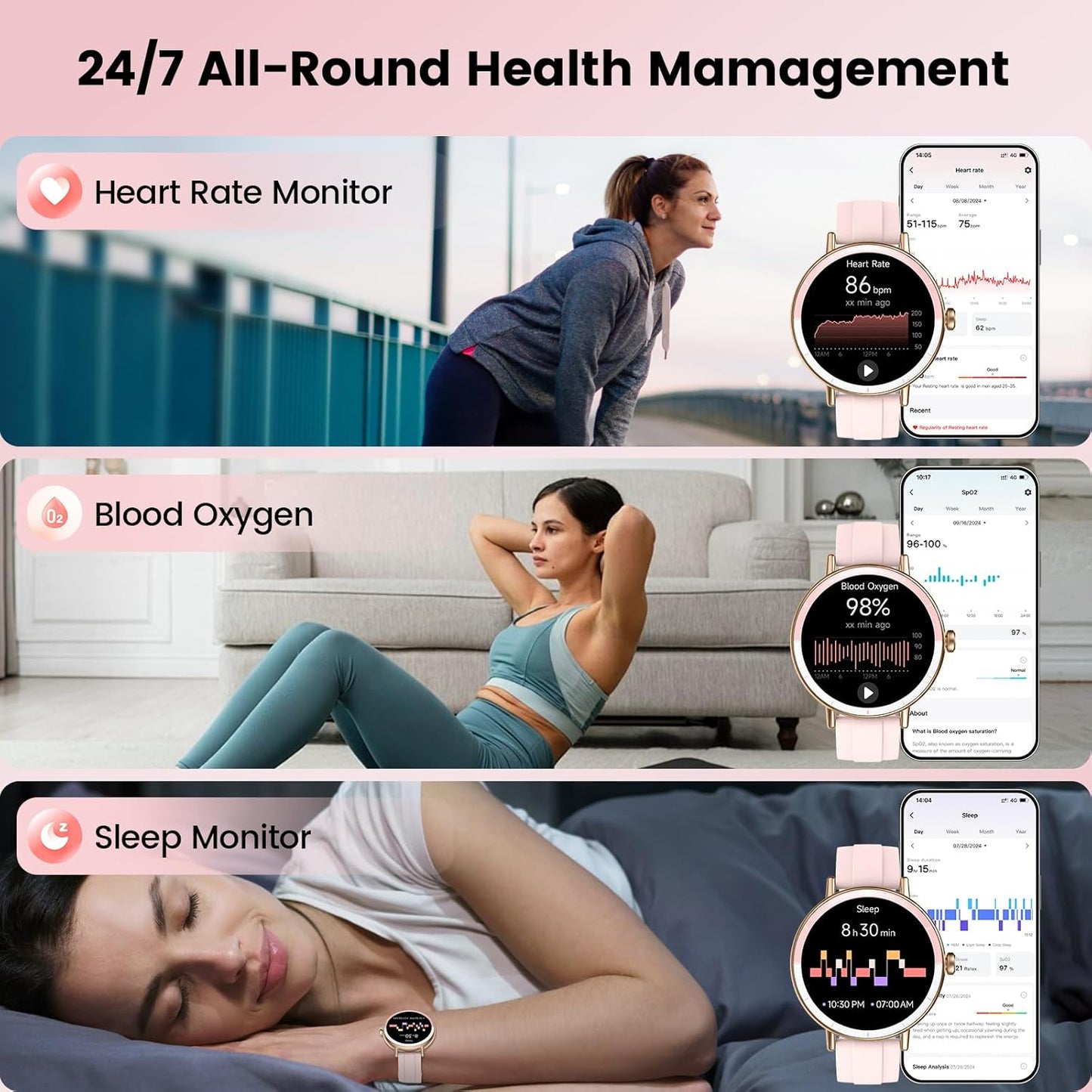 Smart Watches for Women, 1.27" HD Fitness Tracker with Bluetooth Calls(Answer&Make) IP68 Waterproof Smartwatch Compatible IOS/Android, 100+ Sport Modes Watch with Heart Rate/Sleep Monitor Pedometer