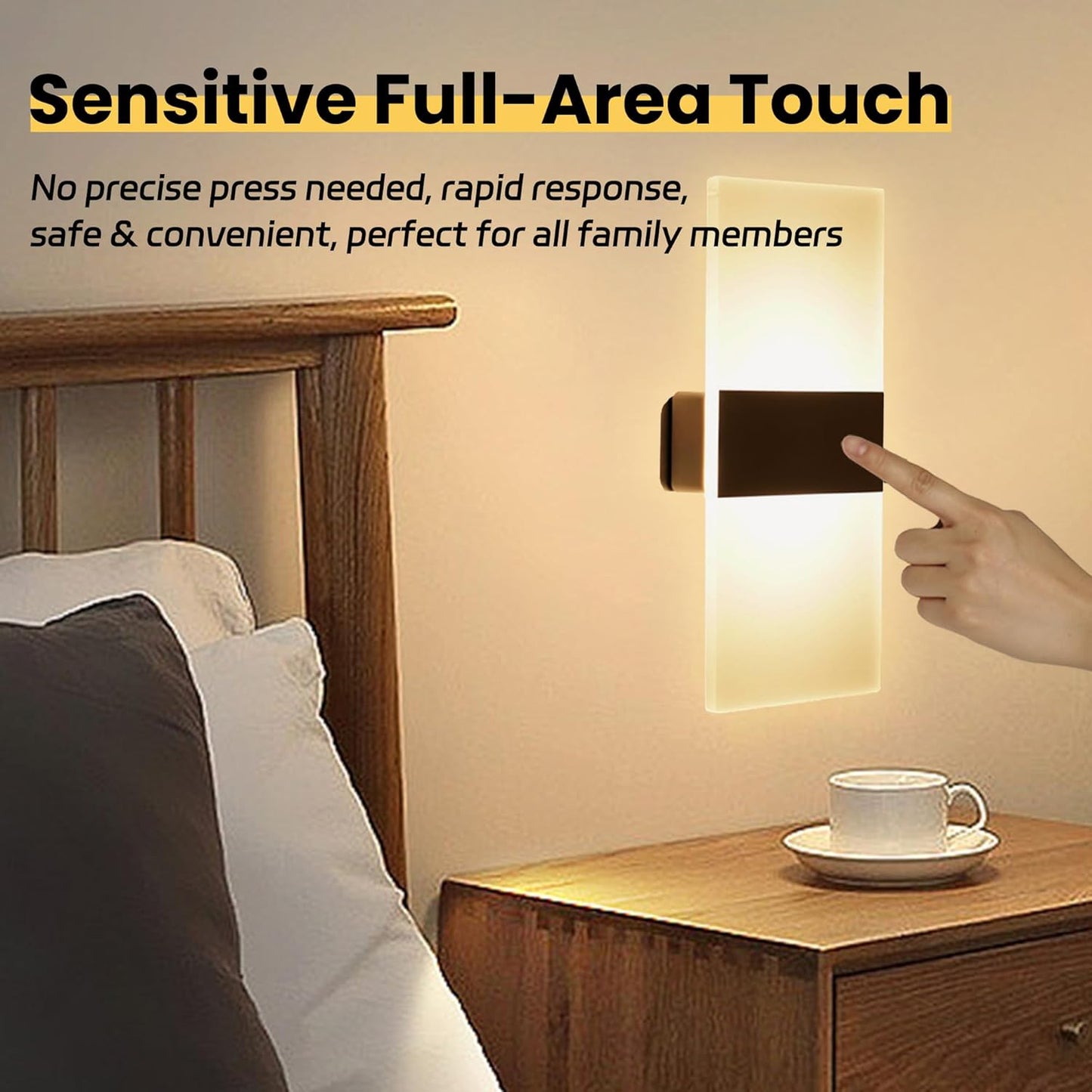 Battery Wall Sconces, Acrylic Bedside LED Wall Lamps Set of Two for Living Room Bedroom Hallway,USB Rechargeable Battery Operated Cordless Night Light,Touch Control,Warm Light Dimmable