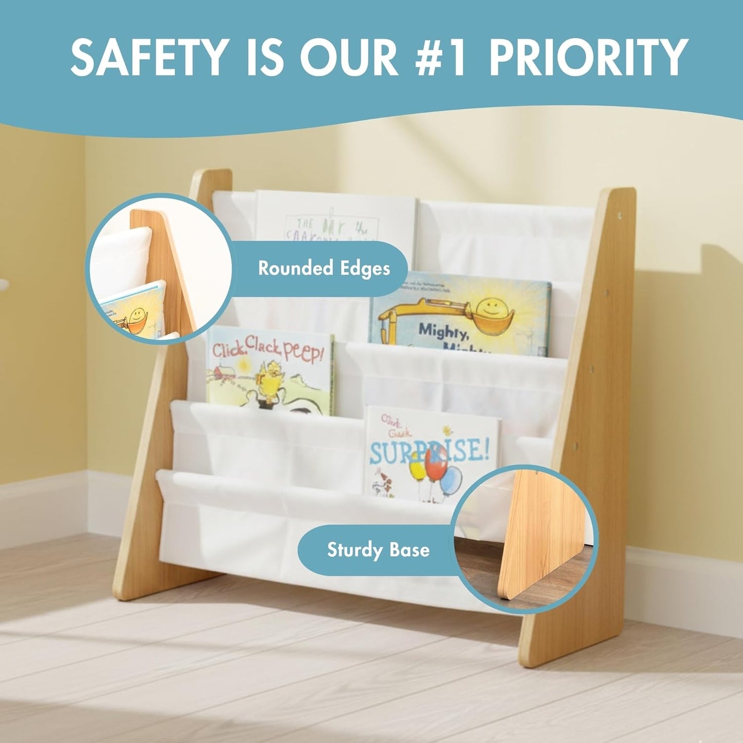 Humble Crew 4-Tier Kids Bookshelf, Natural Wood/White - Premium Book Shelf for Kids Rooms with Four Deep Pockets - Toddler Sling Book Rack with Deep Sleeves, Nursery Bookcase Organizer