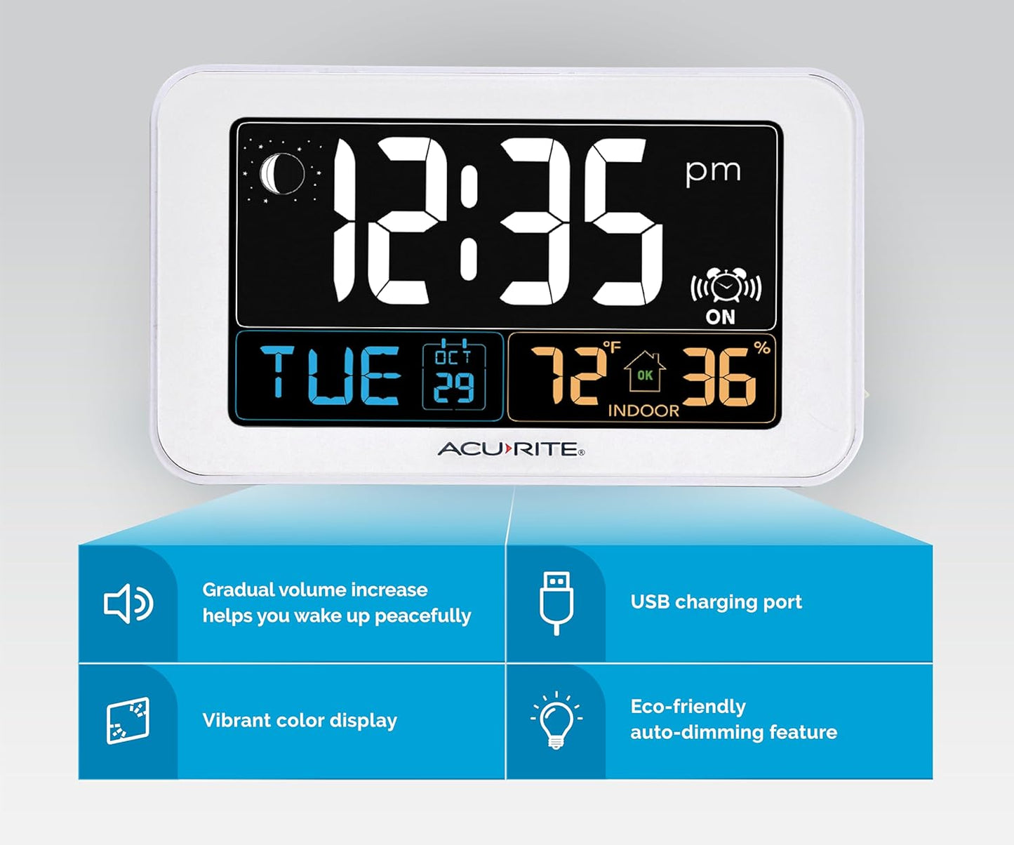 AcuRite Intelli-Time Digital Alarm Clock for Bedroom with USB Charger, Indoor Temperature and Humidity for Heavy Sleepers (13040CA)
