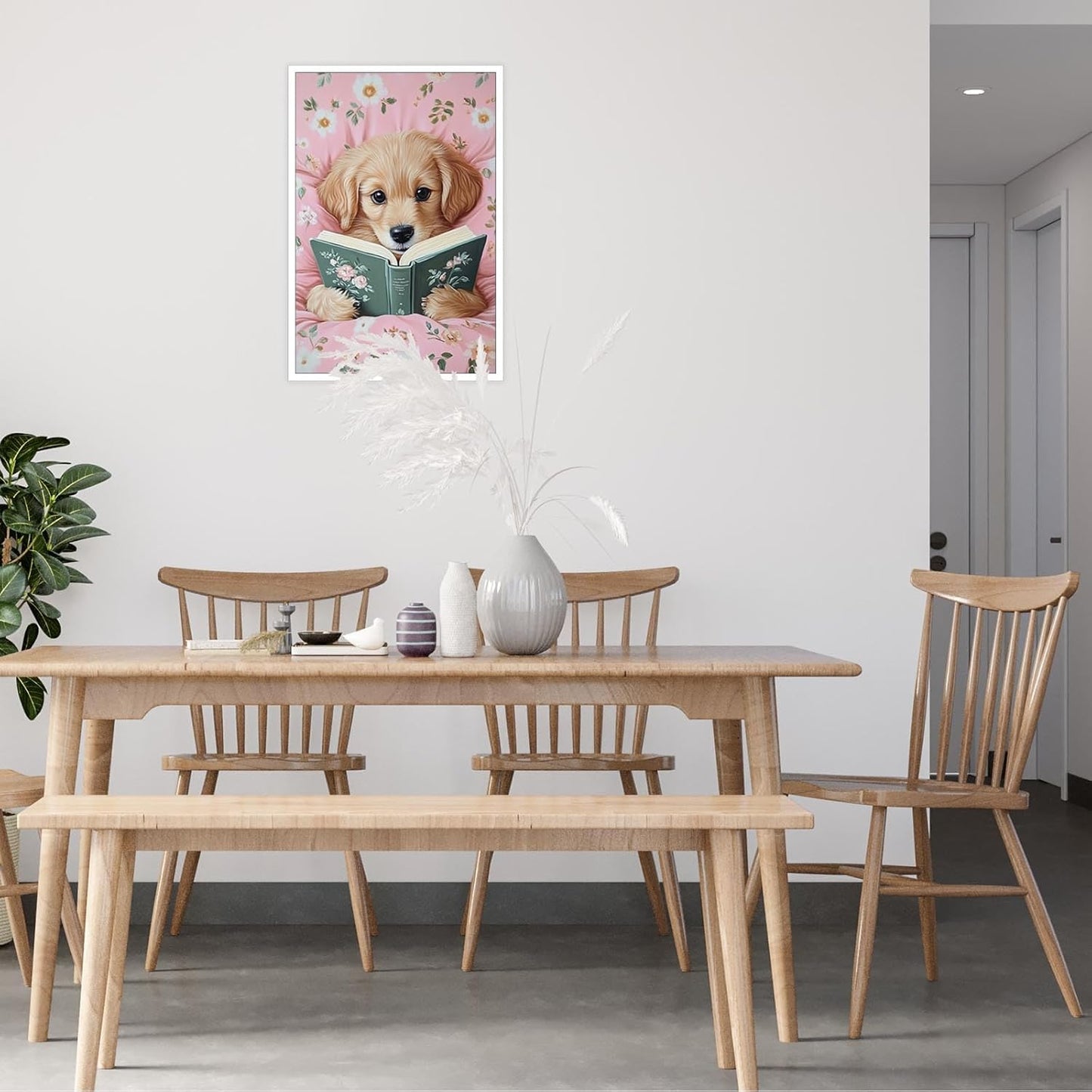 Cute Dog Reading In Bed Canvas Wall Art Trendy Funny Animal Poster Funky Minimalist Pink Room Flower Pet Aesthetic Prints Painting For Home Bedroom Kids Room Dorm Wall Decor 8x12in Unframed