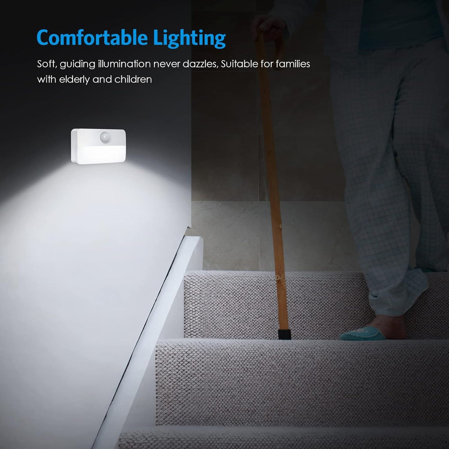 AMIR 2 Pack Mini Motion Sensor Stair Light for Indoor, Battery-Powered LED Night Light, 40 Lumen 6500K, Cordless Closet Lights, Safe Lights for Stairs, Hallway, Bathroom, Kitchen, Cabinet