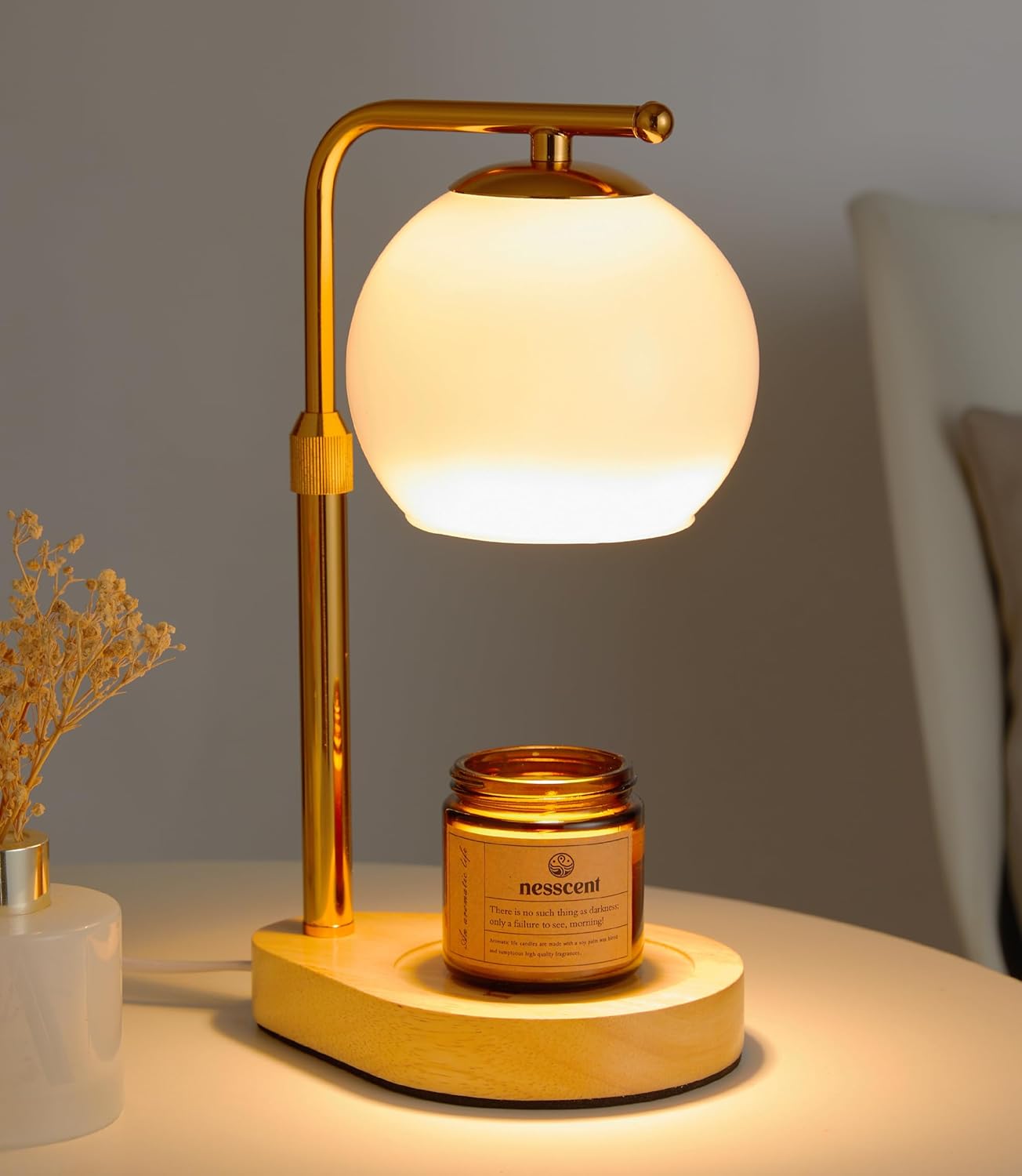 White Glass Candle Warmer Lamp Adjustable Height Dimmer 2 4 8 Hour Timer Natural Wood Base Wax Melter Includes Scented Candle and 2 Bulbs for Bedroom Living Room Modern Minimalist Decor
