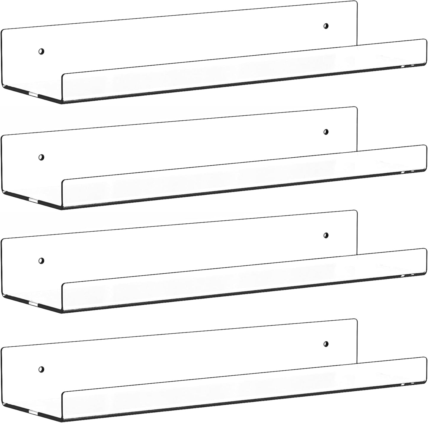 4 Pack Clear Acrylic Shelves for Wall with Adhesive,15 Inch No Drill Floating Shelves for Bathroom,Bedroom,Renter Friendly,Kids Room Bookshelf,Wall Display Shelf for Lego,Funko Pop,Figurine,Perfume
