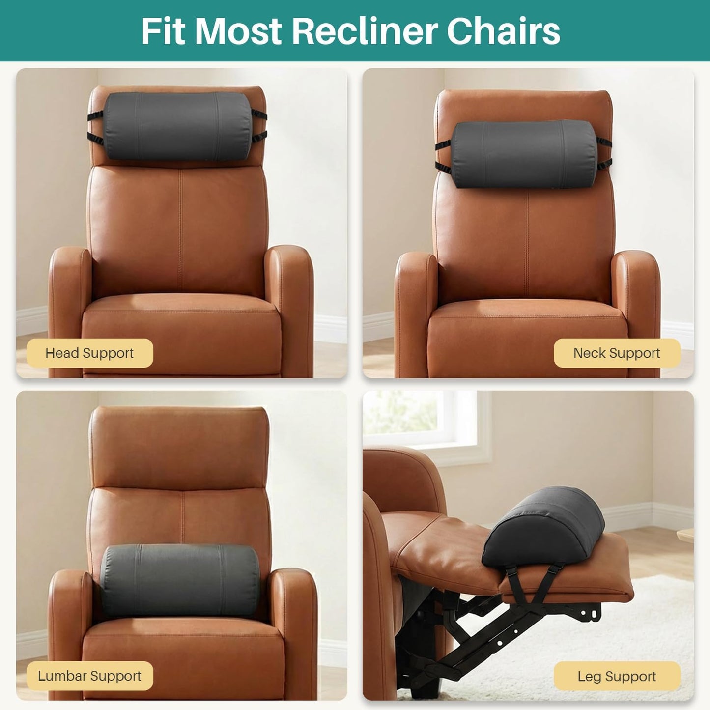 Neck Pillow for Recliner, Non-Slip Recliner Headrest Pillow with Adjustable Strap, Leather Neck Support Chair Headrest Cushion for Office, Couch, Car, Travel, Airplane, Pain Relief(Dark Gray)
