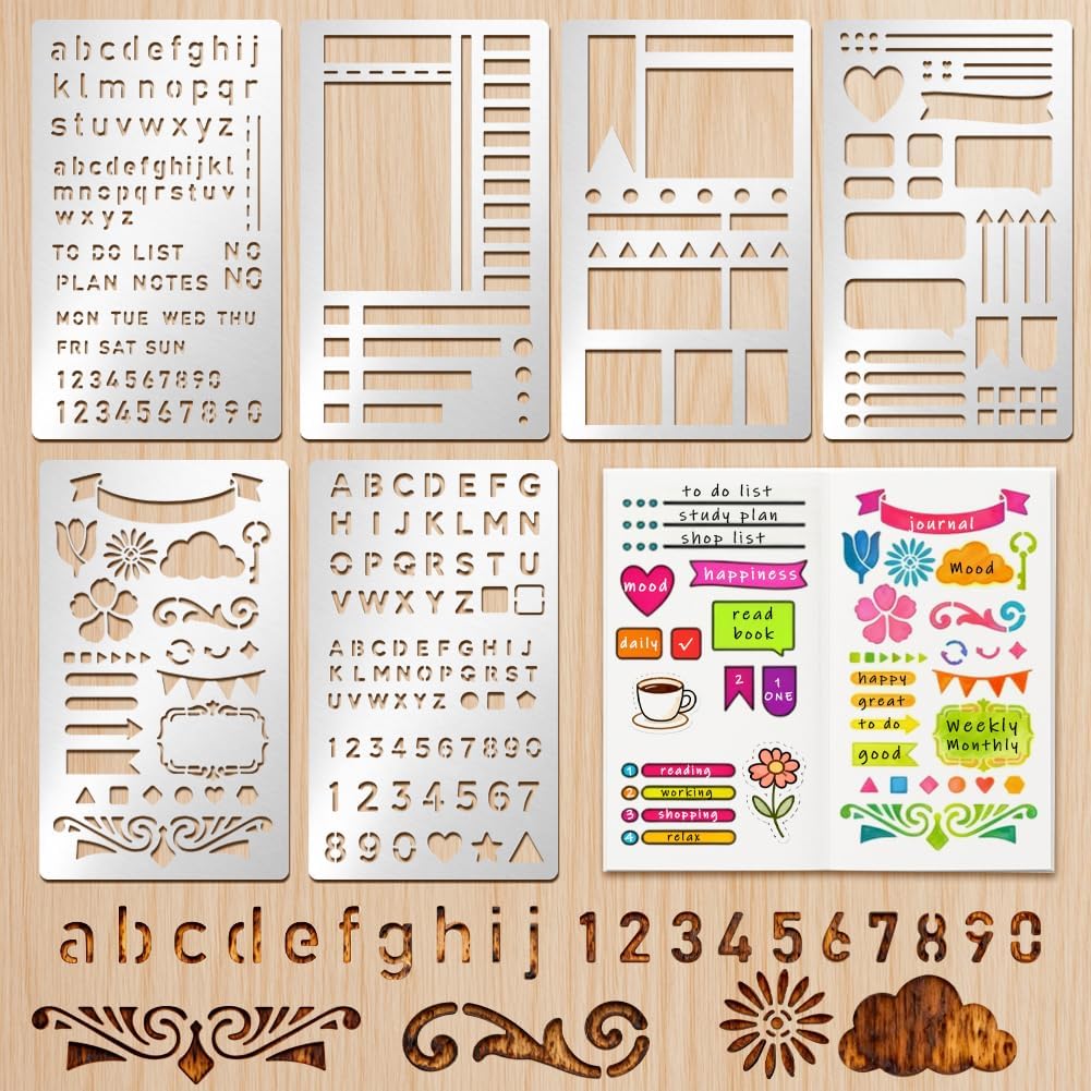 6 Pcs Metal Planner Stencil Journal Stencil Wood Burning Engraving Stencils Small Letter Metal Stencils for Journaling Templates for DIY Bookmarks Carving Draw Scrapbook