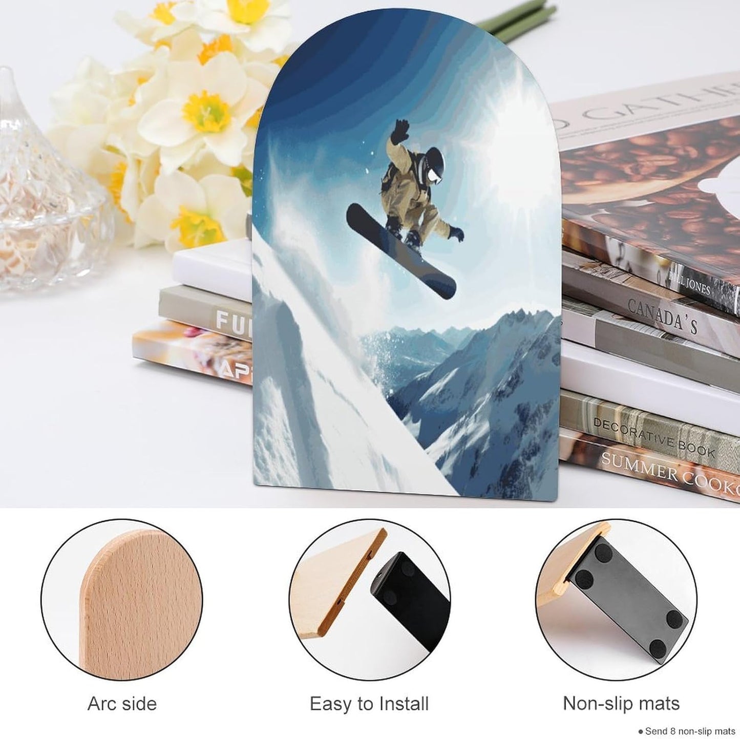 Non-Slip Bookend for Shelves Snowboarding Wooden Bookends with Metal Base Decorative Book Stopper for Home Heavy Duty Wood Book Storage for Books/CDs