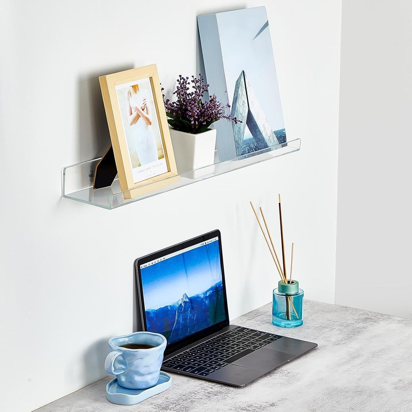 Thyle 6 Pcs 36 Inch Acrylic Floating Shelves Wall Mounted Clear Shelves Acrylic Floating Bookshelf Invisible Storage Rack with Screws and Screwdriver for Room Nursery Bathroom Display