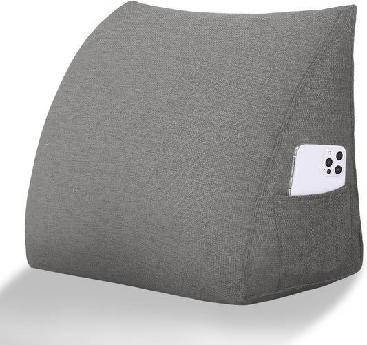 Wedge Headboard Pillow Reading Pillows for Sitting in Bed Adult Backrest Cushion with Removable Cover Side Pockets Sofa Grey